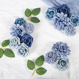 Dusty Blue Flower Artificial Roses Faux Flowers With Stems Mix Fake Roses Dahlia Chrysanthemum Ball For Wedding Bridal Bouquets, Table Centerpieces, Baby Shower, Party, Home Decorations