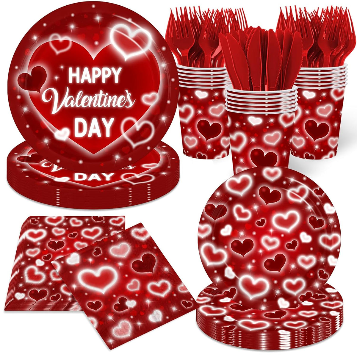 Valentines Day Party Decorations - 144Pcs Romantic Red Heart Plates And Napkins Happy Valentine'S Day Tableware Serves 24
