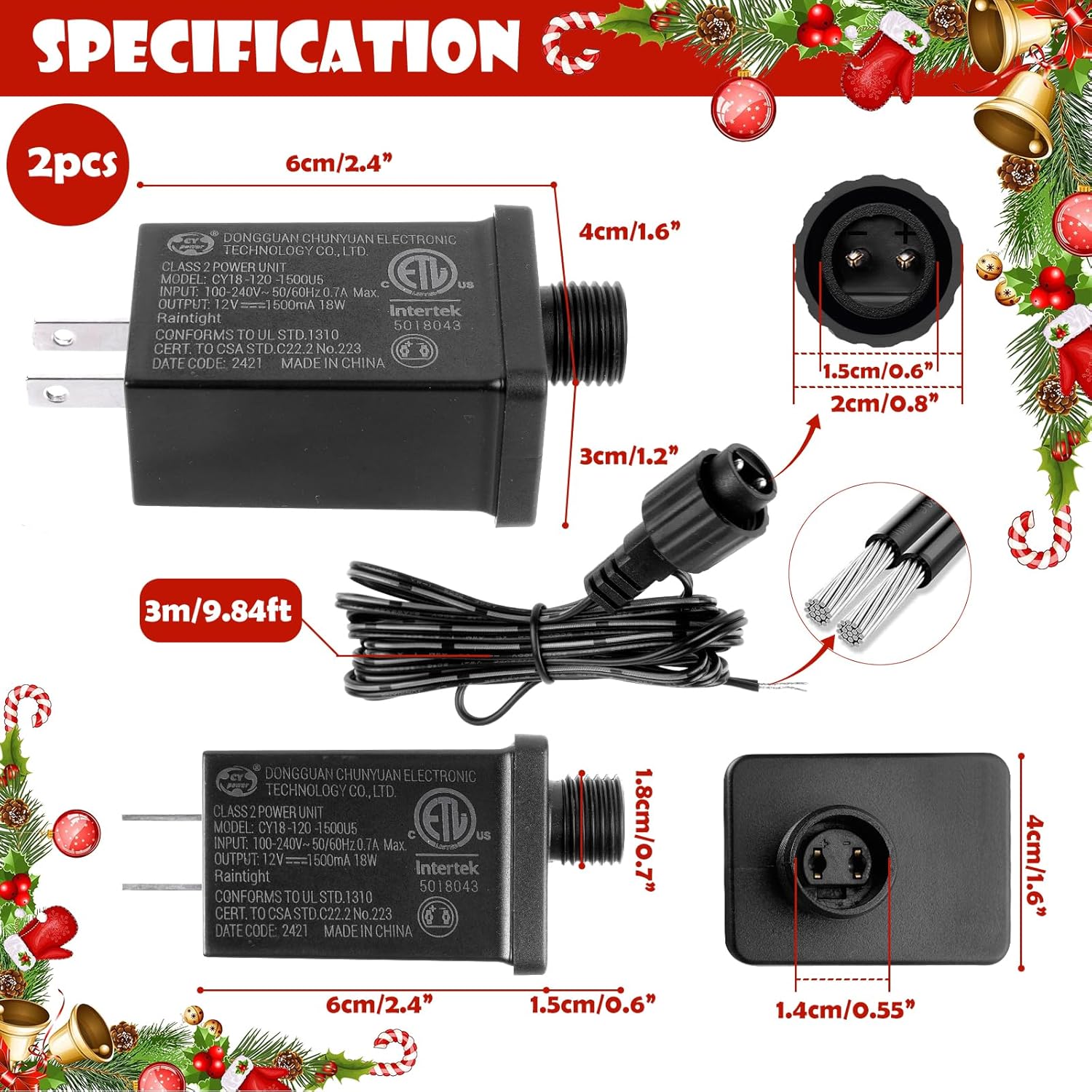 2Pack 12V 1.5A Yard Inflatable Plug Adapters With 2 10Ft Extension Cables Replacement Class 2 Power Supply For Halloween