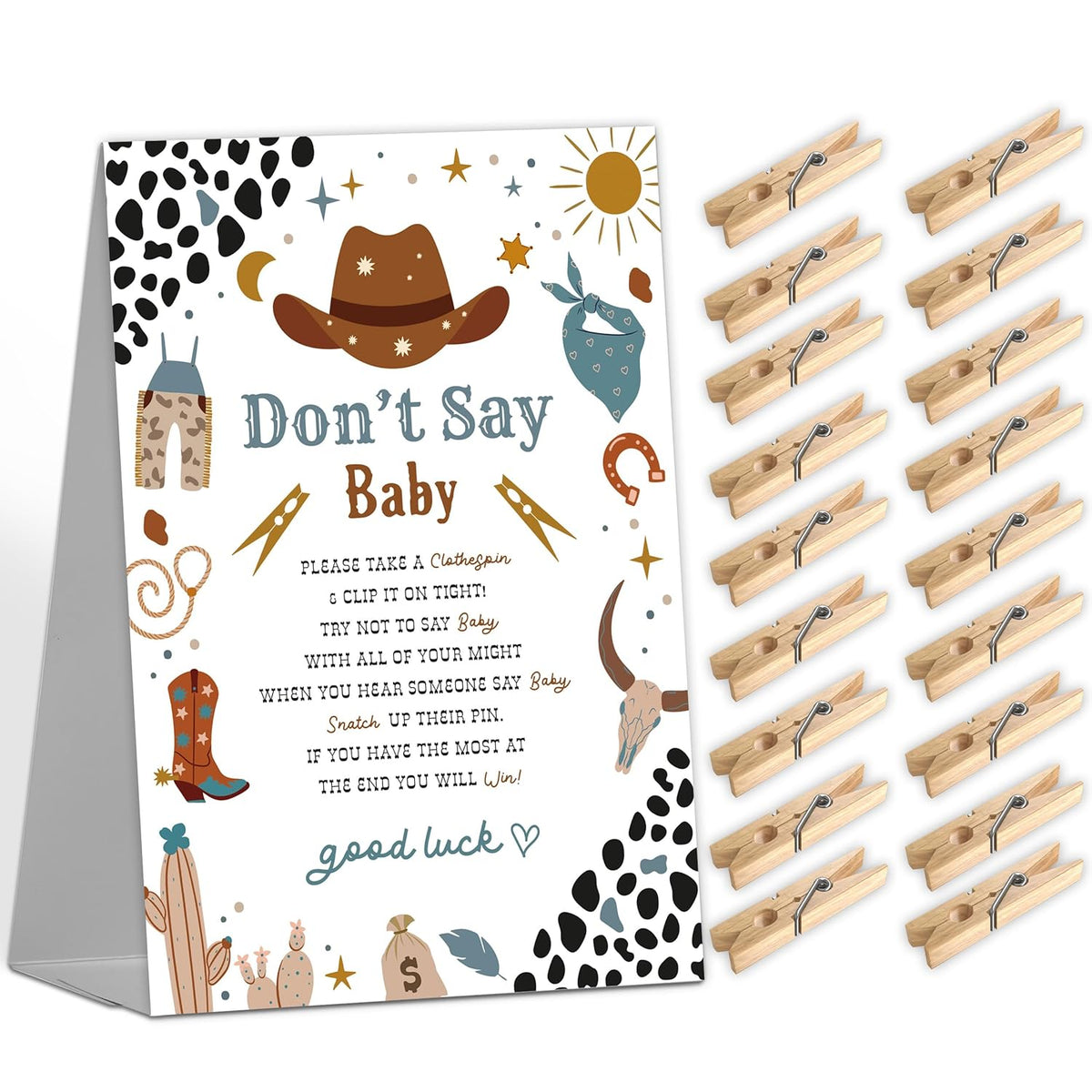 Cowboy Baby Shower Game Sign (1 Sign + 50 Mini Clothespins) For Gender Reveal Party Decorations And Favors