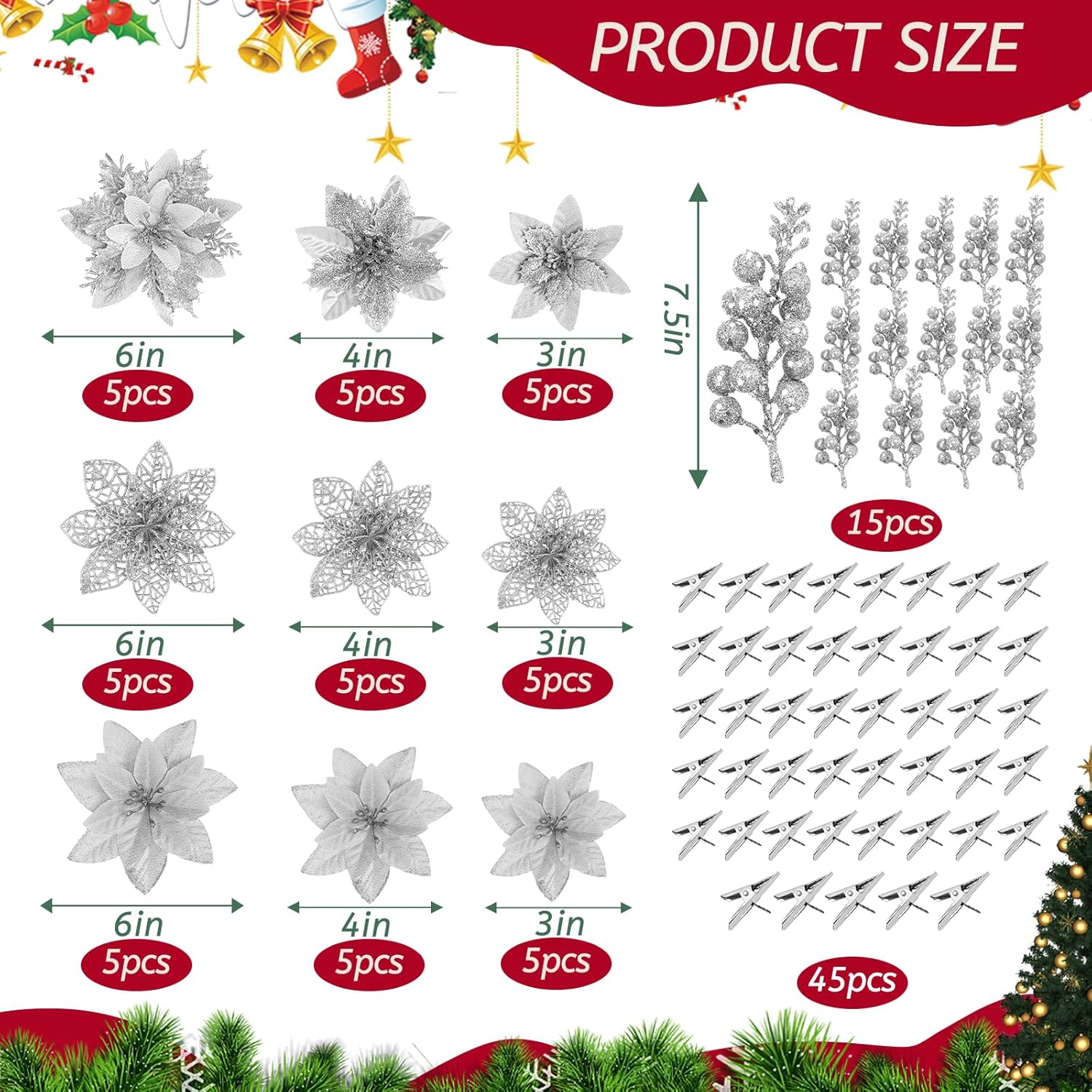 60 Pcs Christmas Flowers Glitter Poinsettia Flower, 3, 4, 6 Inch Artificial Flowers For Decoration With Clips For Christmas Tree Holiday Outdoor Seasonal Party Wedding Decoration(Silver)