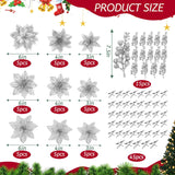 60 Pcs Christmas Flowers Glitter Poinsettia Flower, 3, 4, 6 Inch Artificial Flowers For Decoration With Clips For Christmas Tree Holiday Outdoor Seasonal Party Wedding Decoration(Silver)