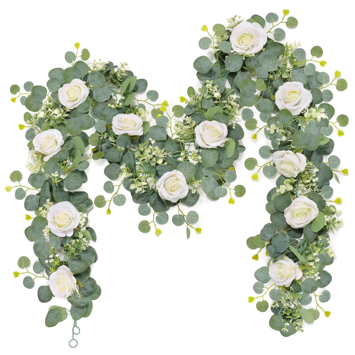 2Pcs(13 Ft) Artificial Eucalyptus Flower Garland With White Rose Flowers,Faux Rose Vine Gypsophila Greenery For Home Party Wedding Table Decor (White, 2Pcs)