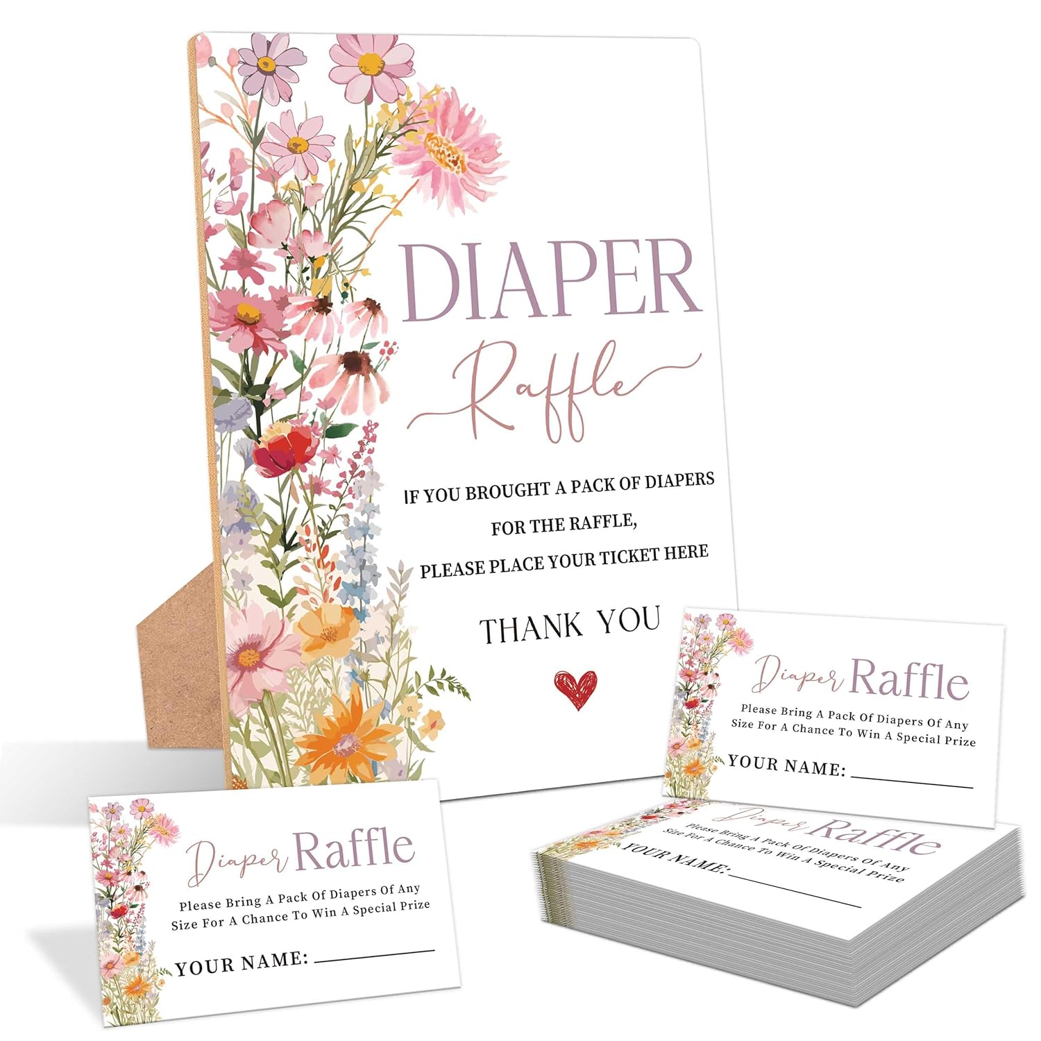 Wildflower Baby Shower Diaper Raffle, Pack Of 1 Wooden Tabletop Sign With Stand And 50 Diaper Raffle Tickets, Floral Baby Shower Game, Gender Reveal Party Decorations - Eh17