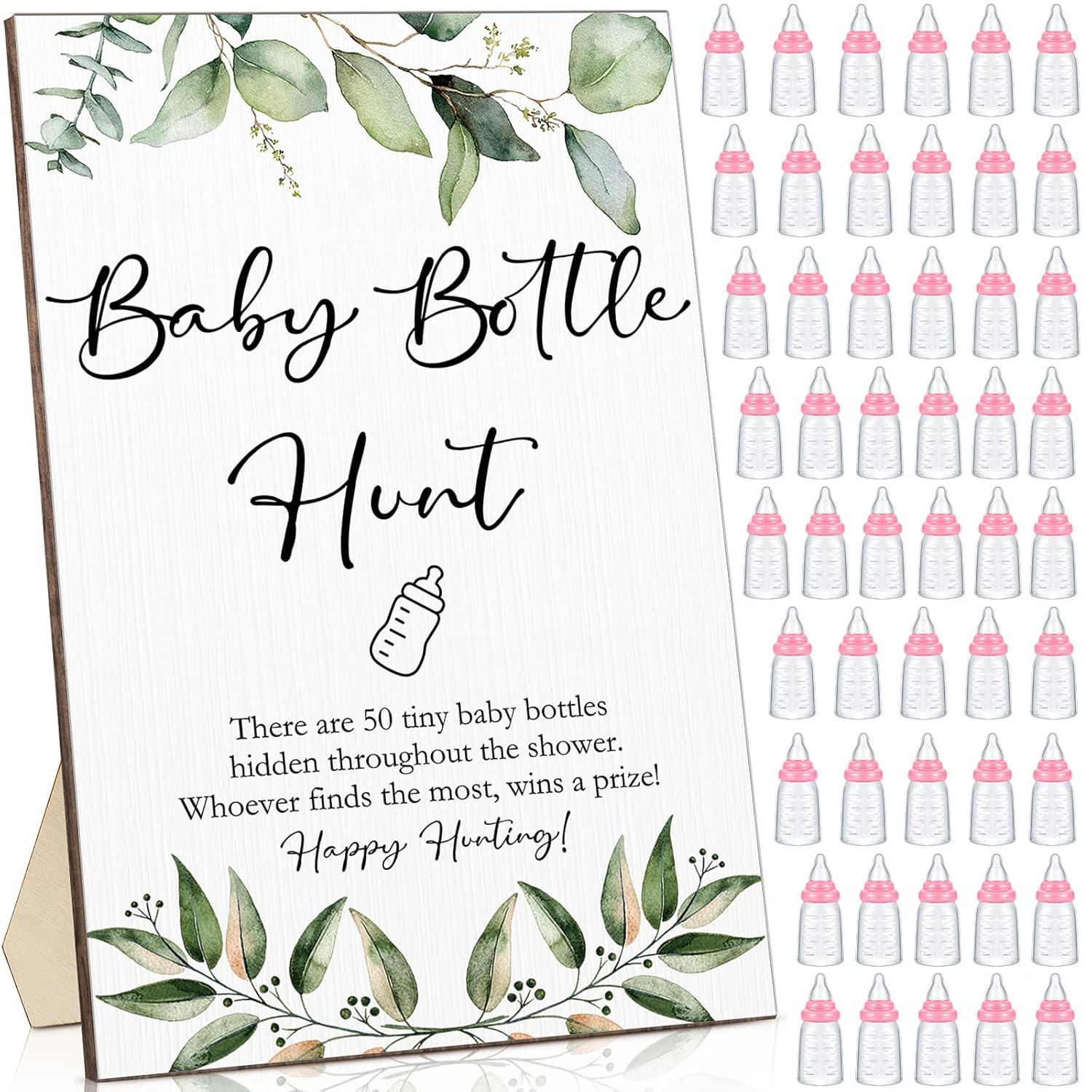 51 Pcs Baby Shower Games Include Greenery Bottle Hunt Sign Wooden Gift Sets And 50 Pcs Resin Bottle Shower Favor For Baby Shower Gender Reveal(Pink)