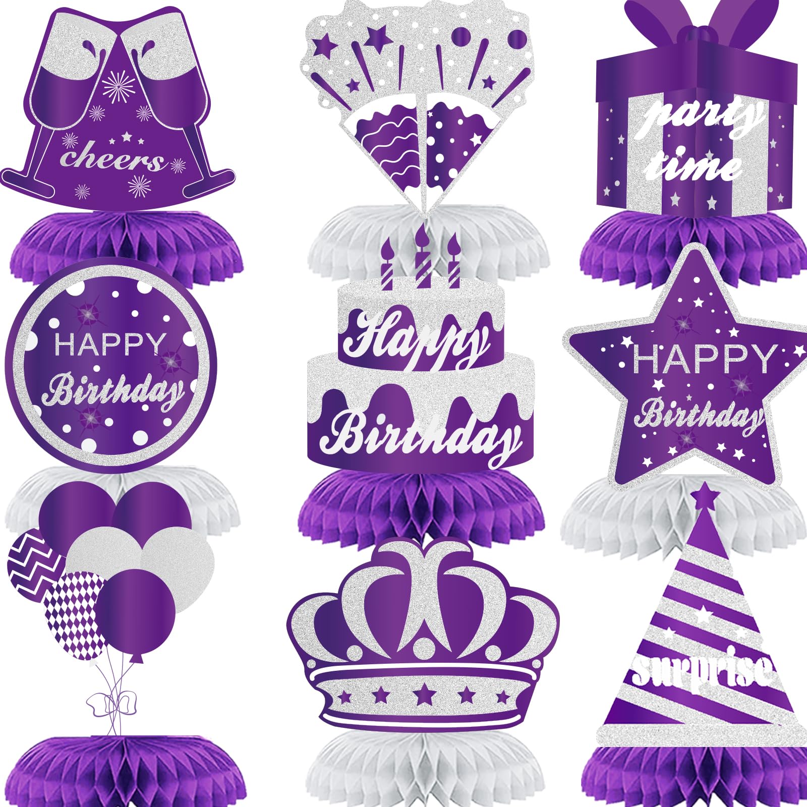 9PCS Purple Silver Happy Birthday Decorations Honeycomb Centerpieces for Women Men