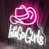 Let’s Go Girls Neon Sign Pink White Cowboy Hat LED Wall Light Dimmable USB Decor for Bedroom Bar