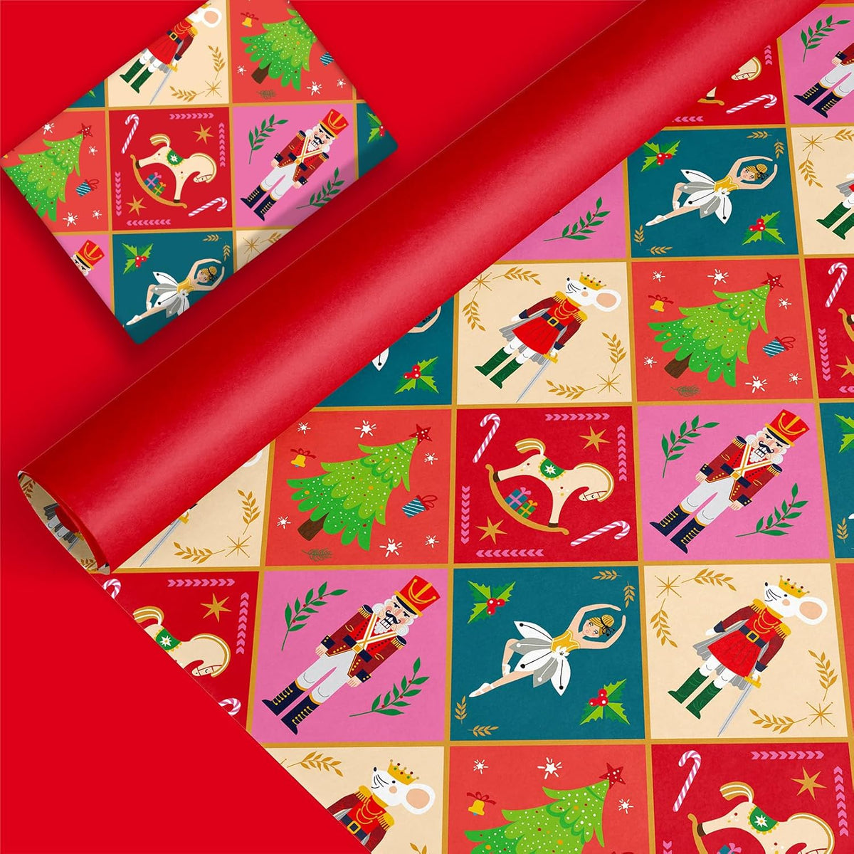 Christmas Nutcracker Wrapping Paper -Mini Roll- 17 In X 32.8 Ft Red Ballet Gift Wrap Paper For Xmas Winter Wrapping Supplies, Double-Sided