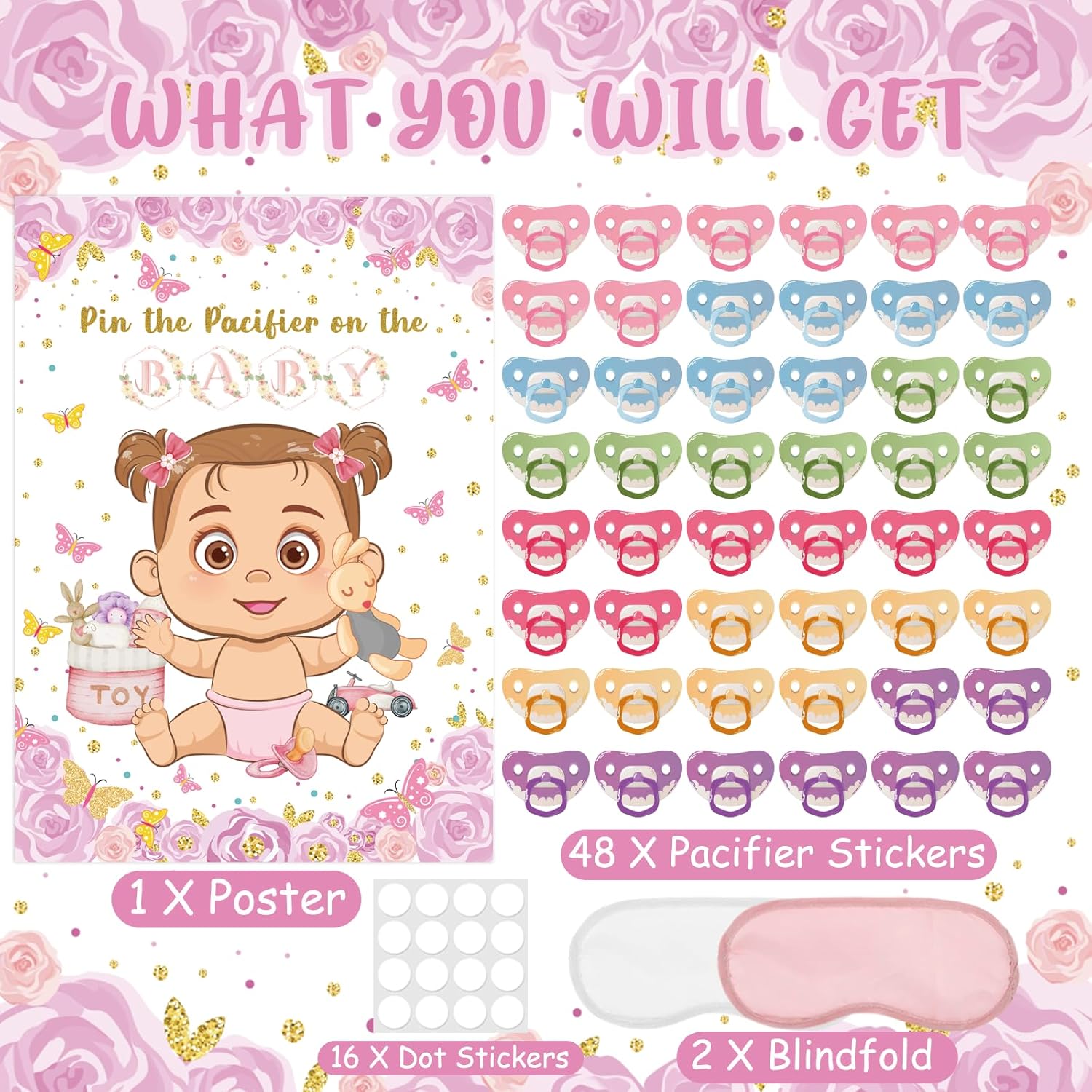 Pin The Pacifier On The Baby Game, Pink Baby Shower Decoration Pin Pacifier On Baby Poster Butterfly Theme Decor With 48 Pacifier Stickers Game For Baby Shower Party Birthday Party Supplies