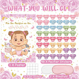 Pin The Pacifier On The Baby Game, Pink Baby Shower Decoration Pin Pacifier On Baby Poster Butterfly Theme Decor With 48 Pacifier Stickers Game For Baby Shower Party Birthday Party Supplies