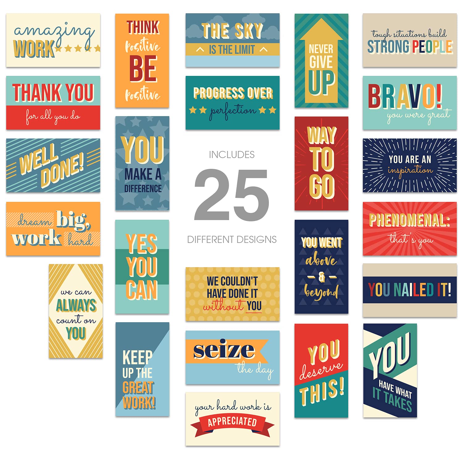 Colorful Gratitude Encouragement Cards / 50 Motivational Kindness Cards / 25 Inspirational Quote Designs/Flat 2" X 3.5" Employees Students Coworkers Uplifting Mini Card