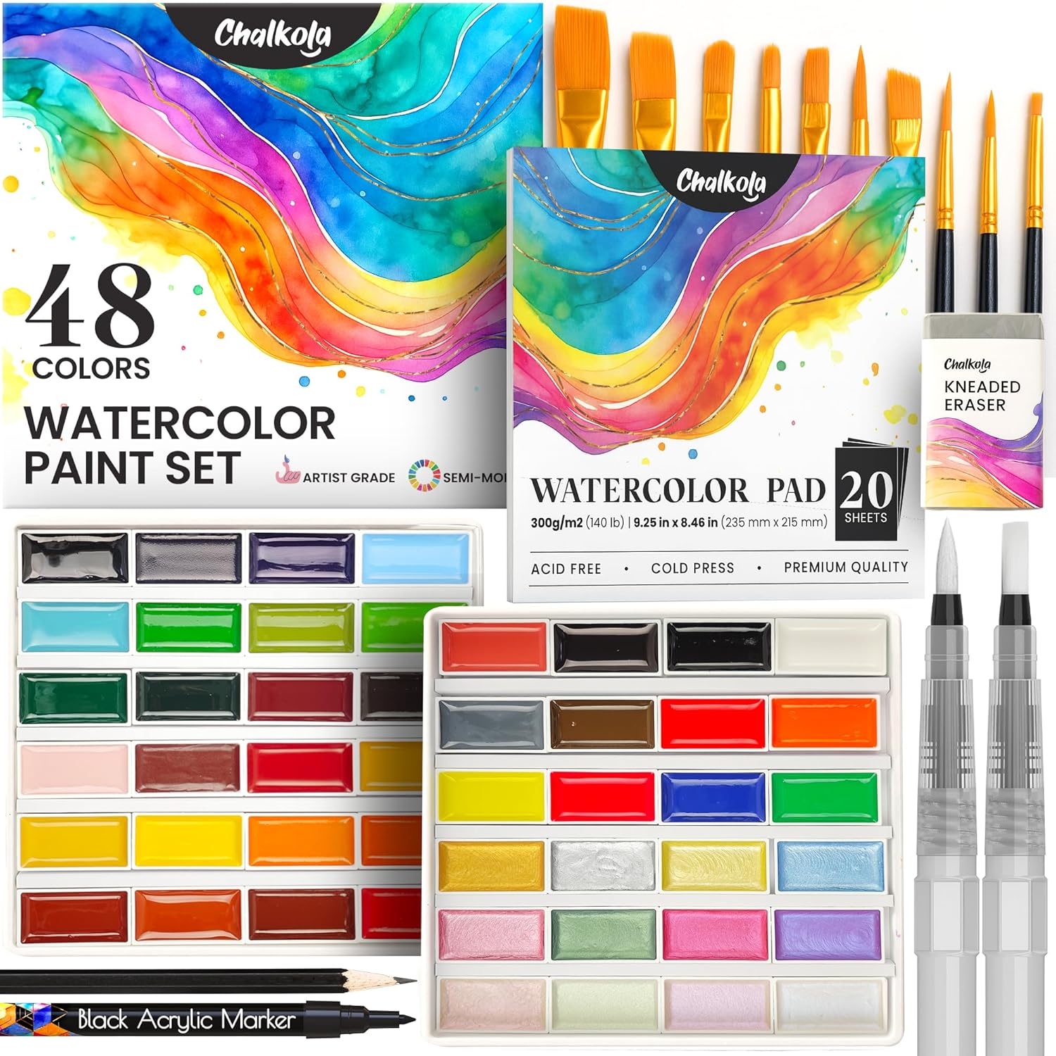 Professional Watercolor Paint Set - 48 Semi Moist Water Colors Paint Adult Set, Xl Pans | With Painting Brushes, Water Color Pad & Art Supplies | Suitable For Adults, Kids, Beginner & Artists