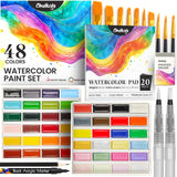 Professional Watercolor Paint Set - 48 Semi Moist Water Colors Paint Adult Set, Xl Pans | With Painting Brushes, Water Color Pad & Art Supplies | Suitable For Adults, Kids, Beginner & Artists