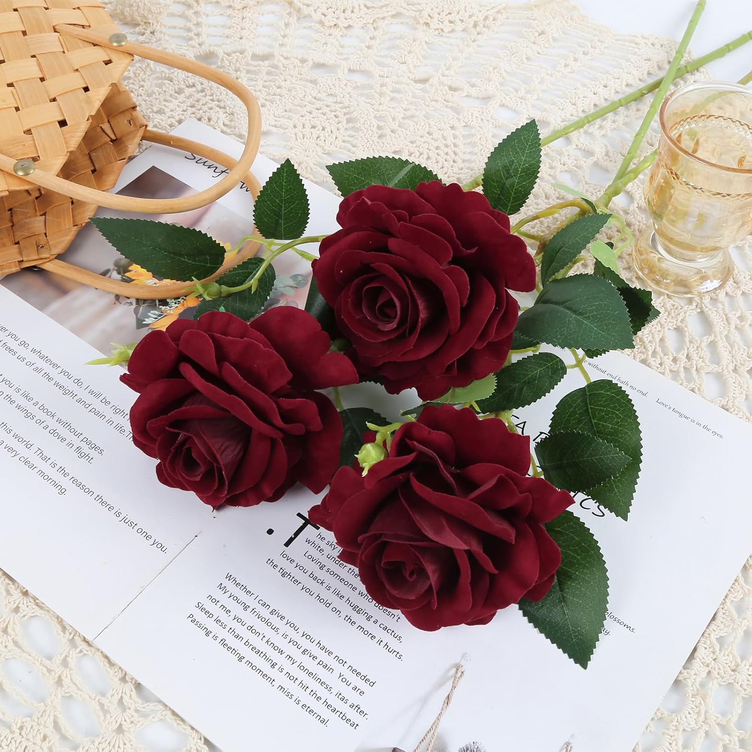 6Pcs Dark Red Roses Artificial Flowers Real Touch Velvet Roses Realistic Faux Roses With Stems For Wedding Bridal Bouquet Home Party Garden Outdoor Decoration(Burgundy)