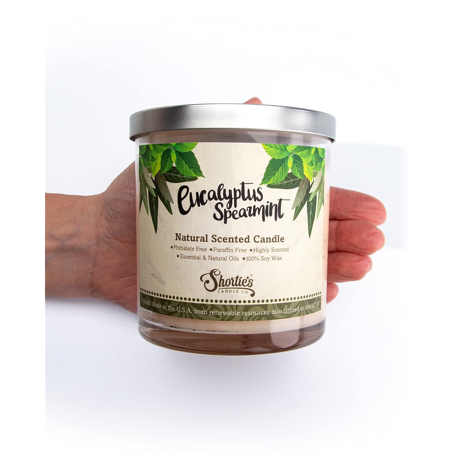 Eucalyptus Spearmint Scented Natural Soy Candle, Essential Fragrance Oils, 100% Soy, Phthalate & Paraben Free, Clean Burning, 9 Oz.