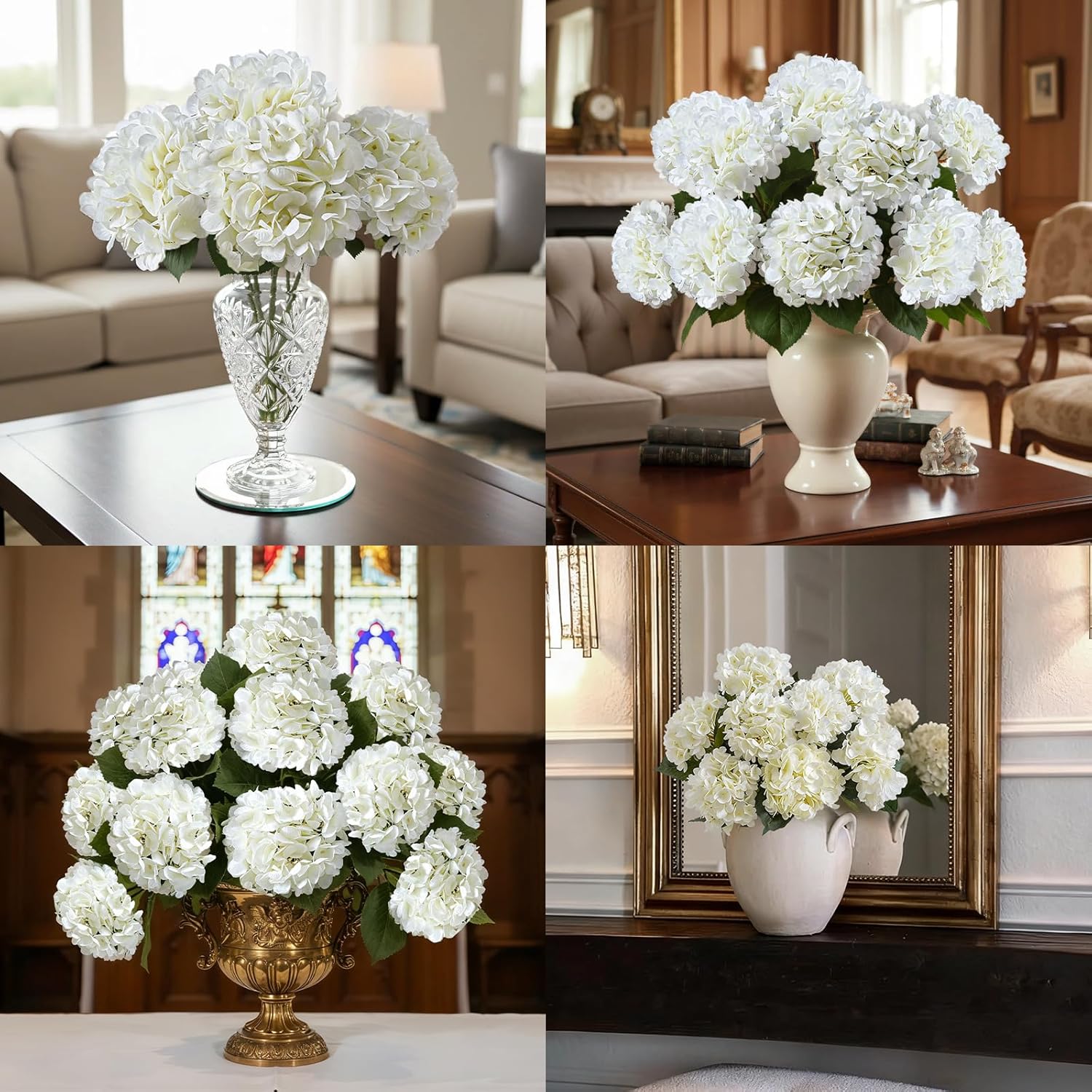 6Pcs Realistic Artificial Silk Hydrangea Flowers – Premium Fake Hydrangea Flowers Bouquets With Stems, Full Faux Hydrangea Blooms For Home Wedding Table Party Baby Shower Decorations(White)