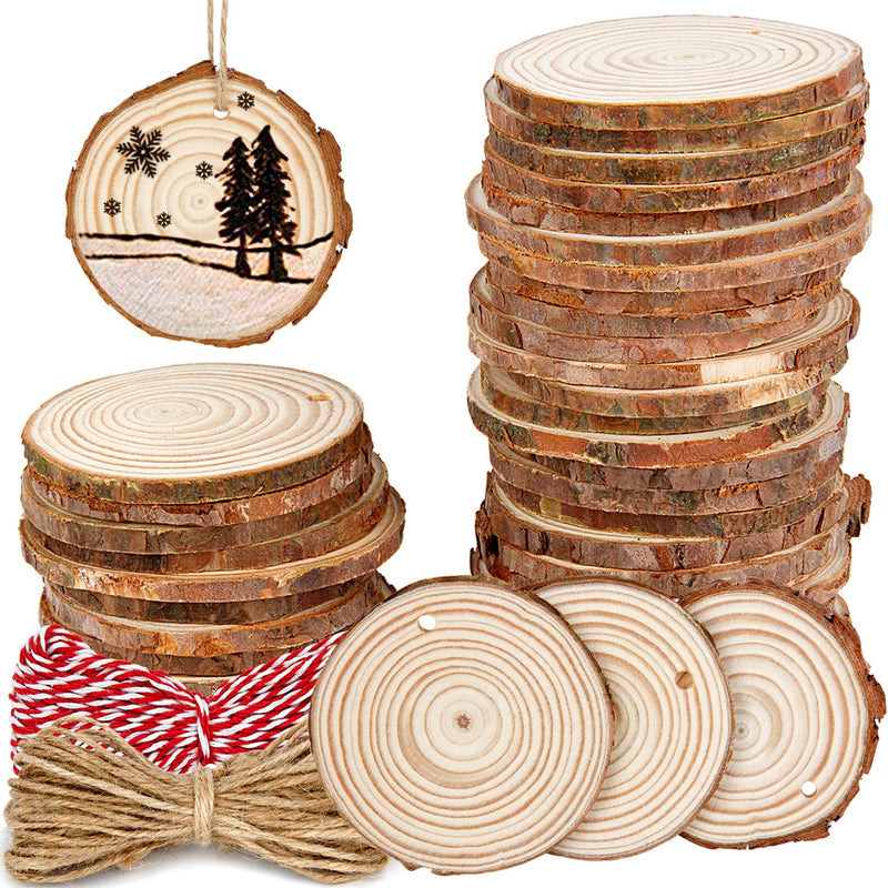 50Pcs 2.4"-2.8" Natural Wooden Slices, Unfinished Wood Circles With Holes Tree