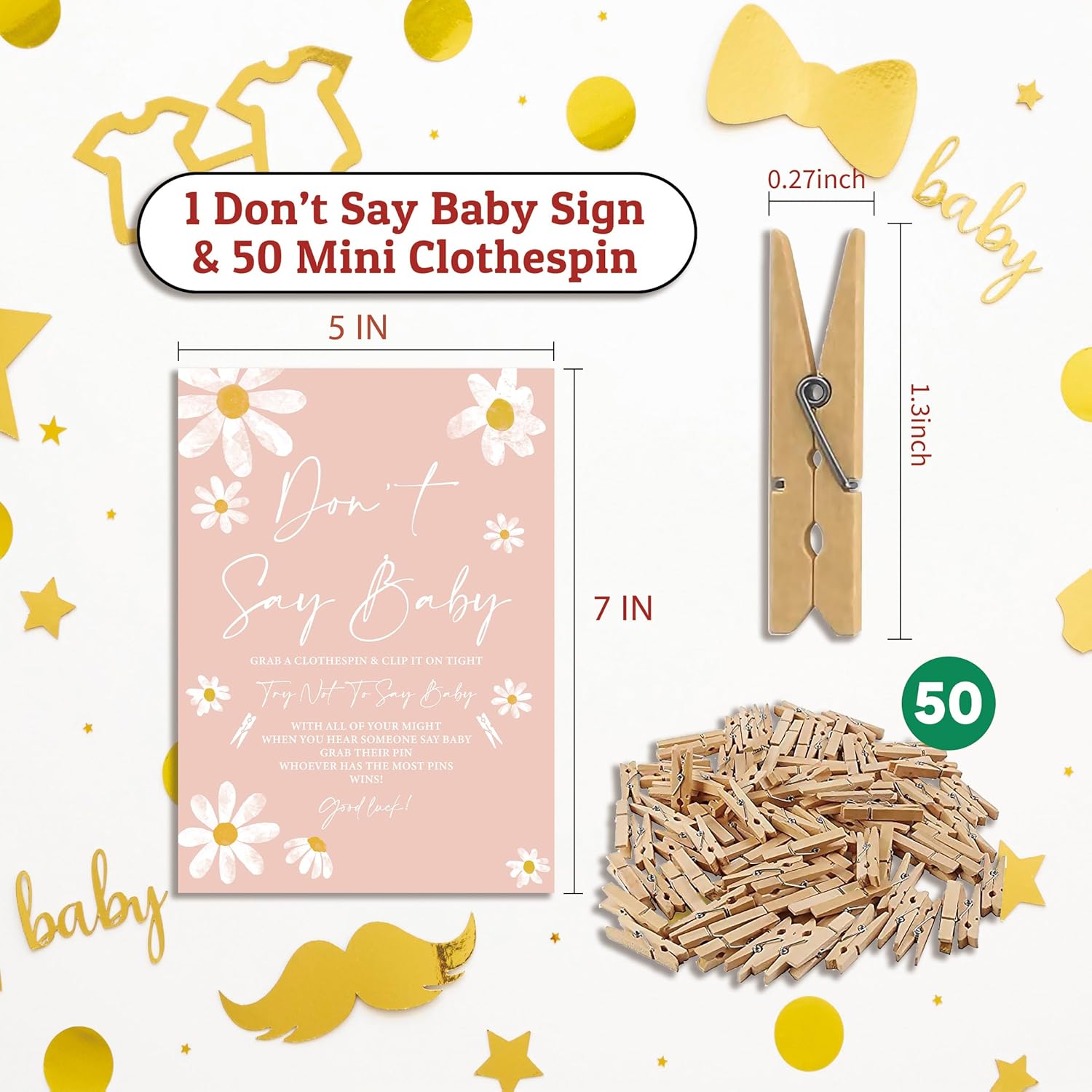 Don'T Say Baby Game For Baby Shower, 50 Wooden Clothespins And One Sign, White Daisy Theme, Pins For Baby Shower Decorations, Gender Reveal Games, Baby Shower Supplies-Bb10