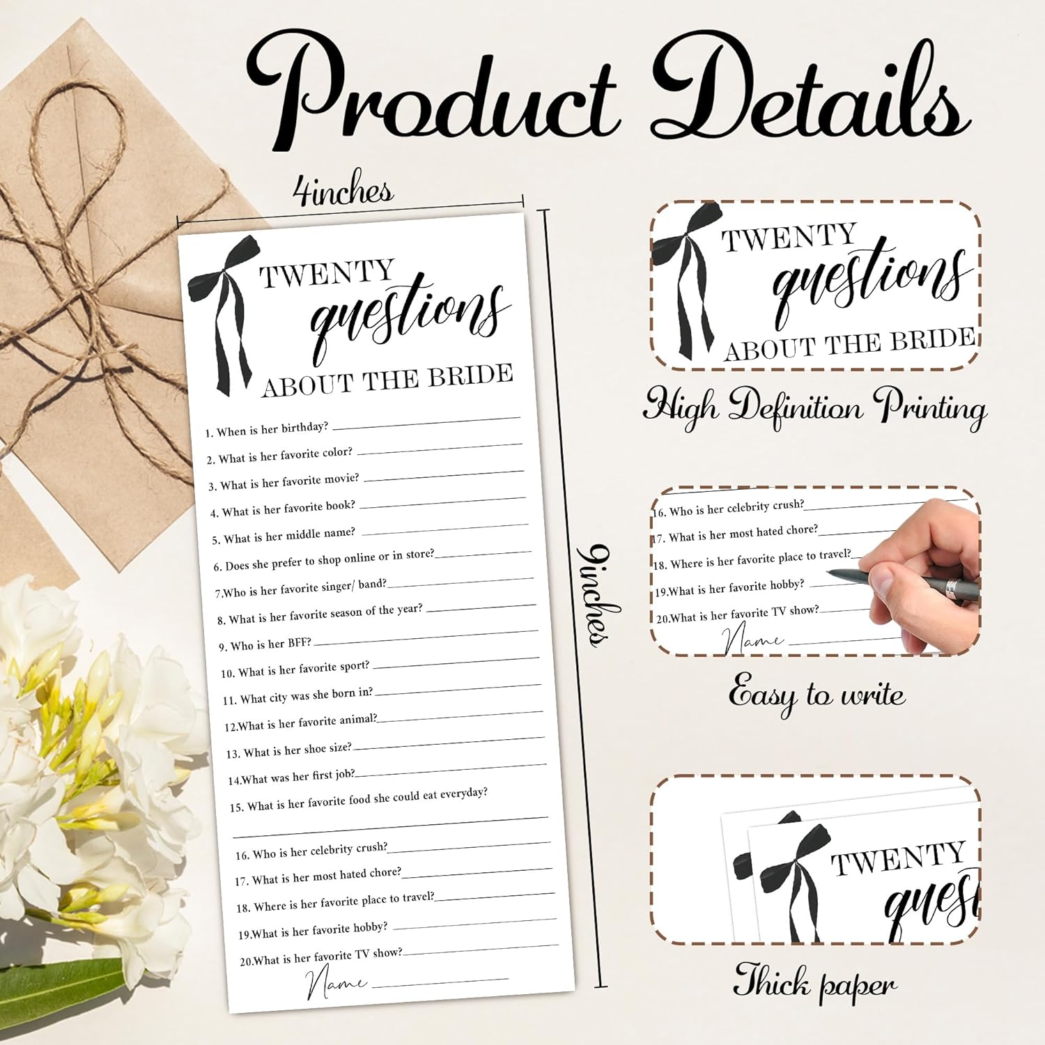 Black Bow Wedding Shower Games, Twenty Questions Wedding Games For 25 Guests, Engagement Bridal Shower Party Cards, Engagement & Bridal Party Supplies-4X9 Inch-A38