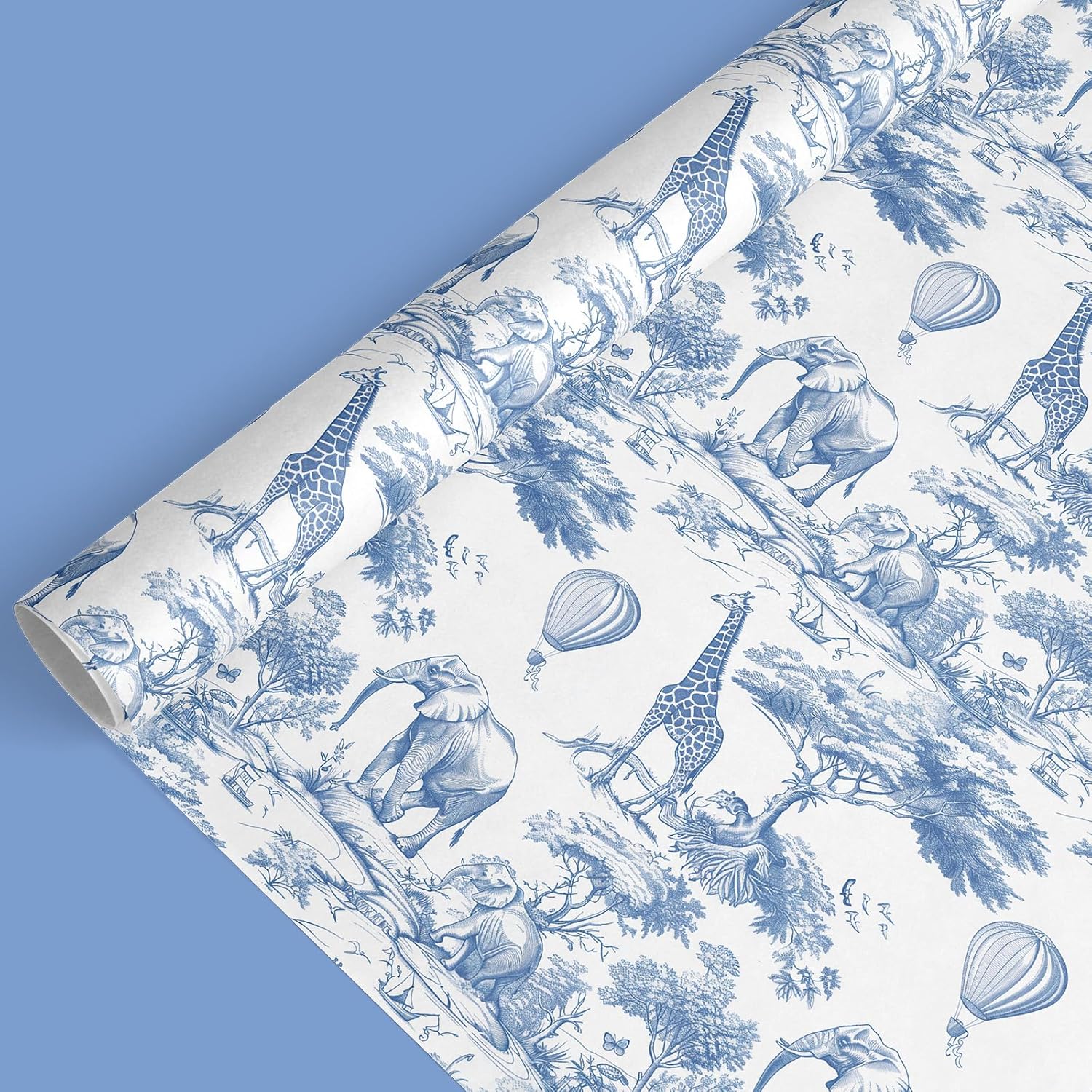 Blue And White Wrapping Paper -Mini Roll- 17 In X 32.8 Ft Jungle Animal Gift Wrap Paper For Holiday Birthday Baby Shower Party Wrapping Supplies
