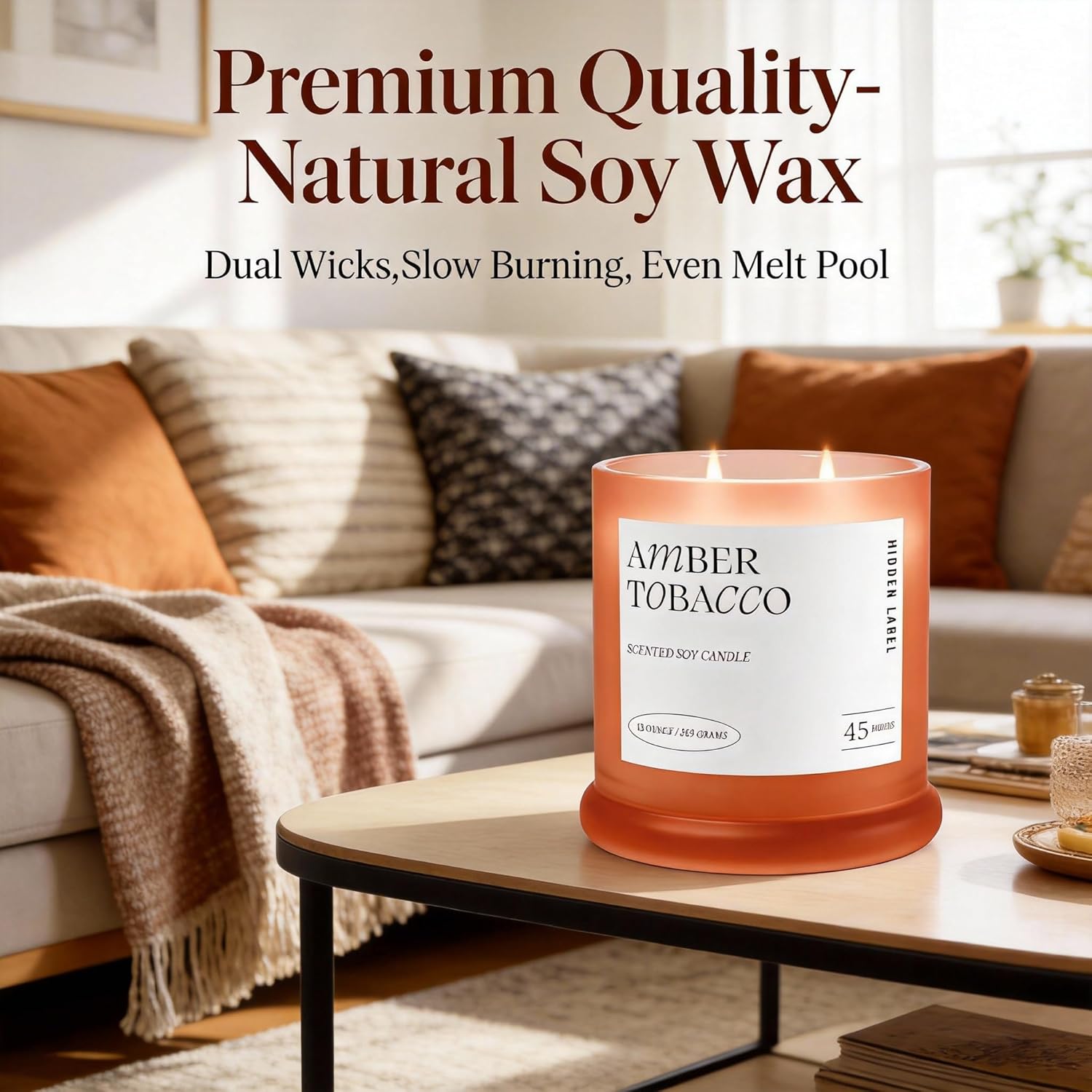 Amber Tobacco Scented Candle, 2 Wick Large Candles For Home Scented, 13Oz Natural Soy Wax, 75Hours Long Lasting Slow Burning, Aromatherapy Candle With Reusable Glass Jar