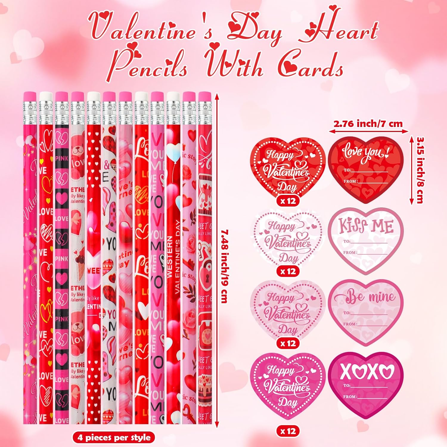 48 Pack Valentine'S Day Heart Pencils Bulk And Valentine Exchange Card For Valentine Party Favor Office Rewards Gift Exchange Prizes Supplies