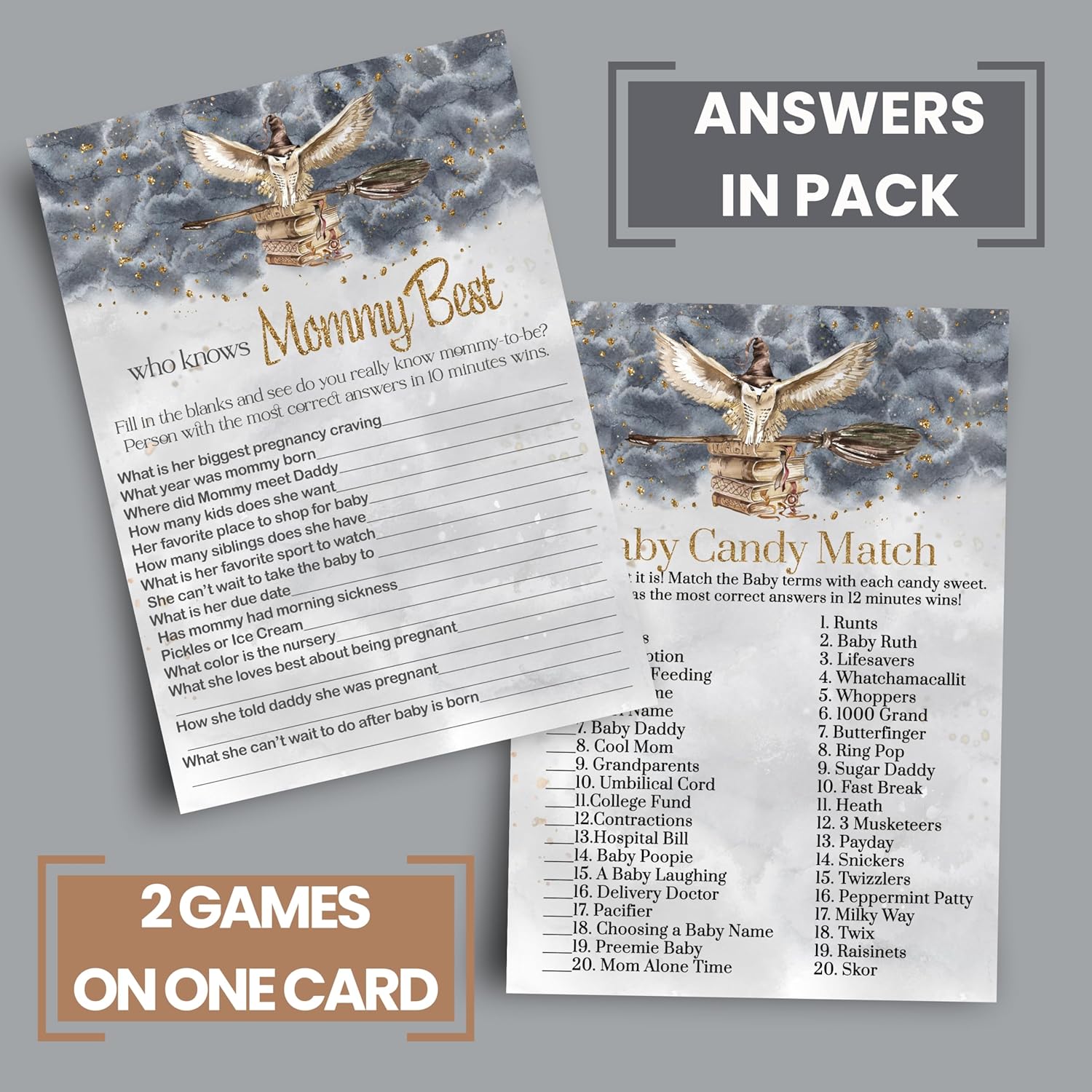 Magic Owl Baby Shower Games - 25 Who Knows Mommy Best & 25 Candy Matching Activities - Black And Gold Owl Theme Double-Sided 5X7 Cards, Bundle Pack, Wizard Or Witch Halloween