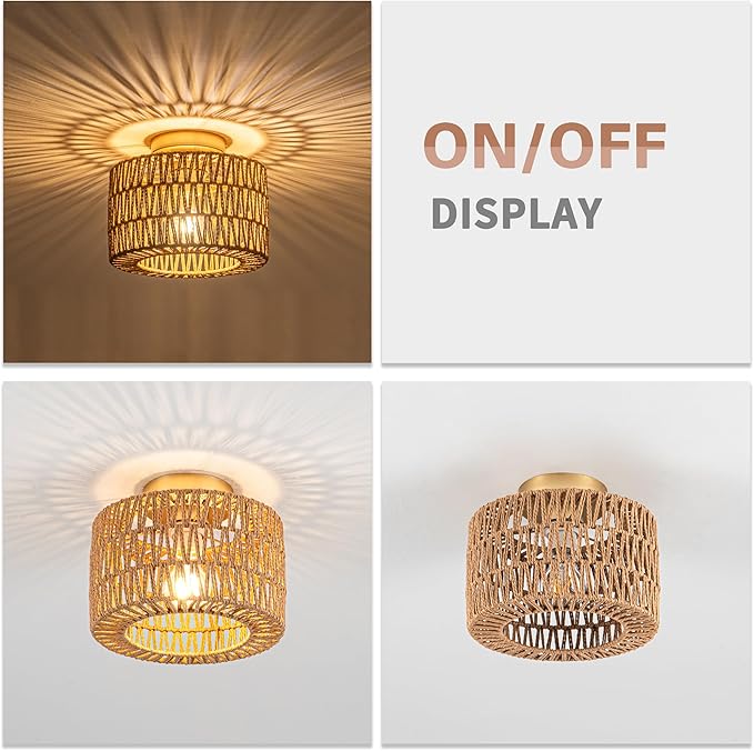 Boho Woven Flush Mount Ceiling Light Gold Finish Modern Rattan Ceiling Fixture