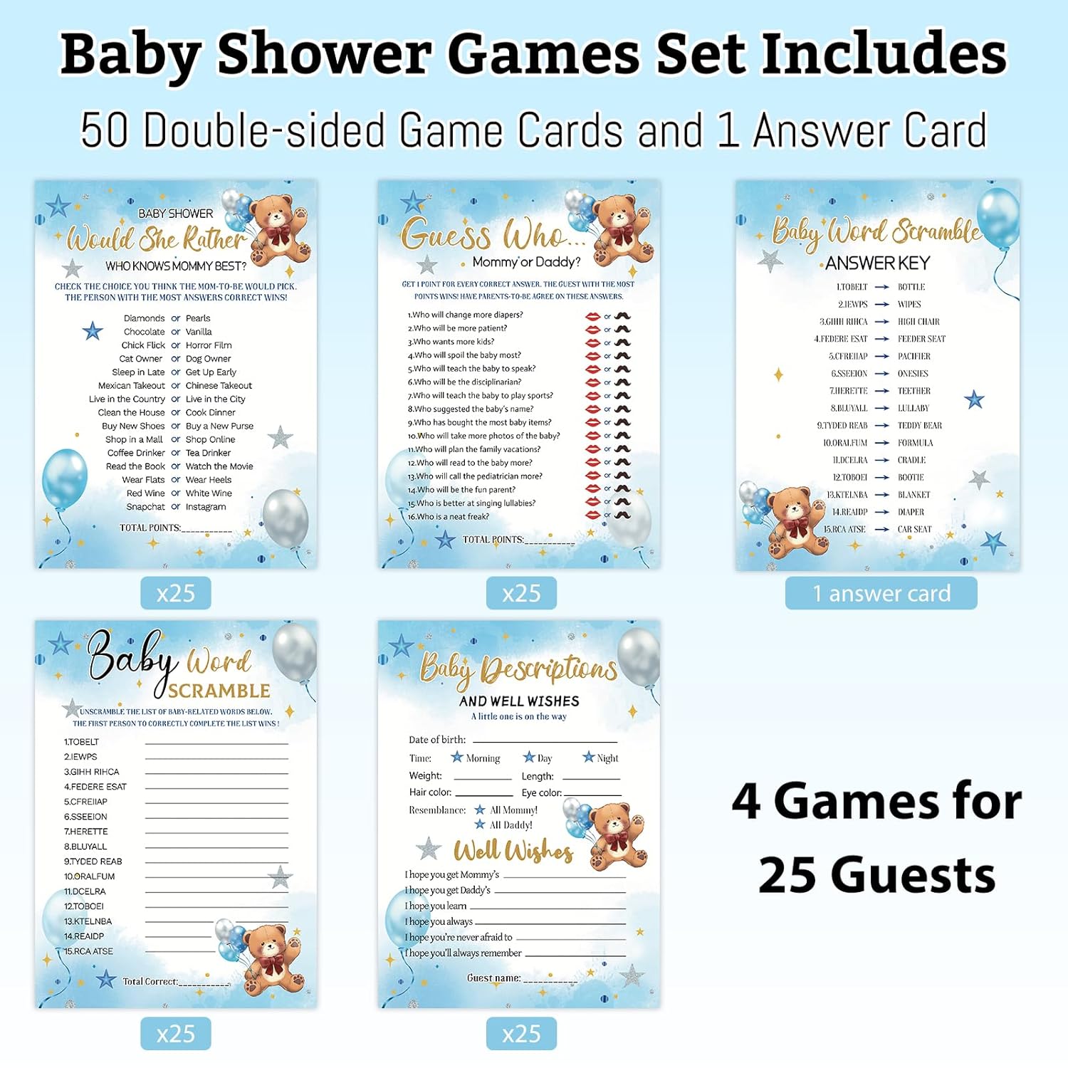 Baby Shower Games For Boy Girl, 4 Fun Games For 25 Guests, Who Knows Mommy Best, Guess Who Mommy Or Daddy, Word Scramble, Baby'S Descriptions & Well Wishes, Blue Bear Baby Showers Decorations