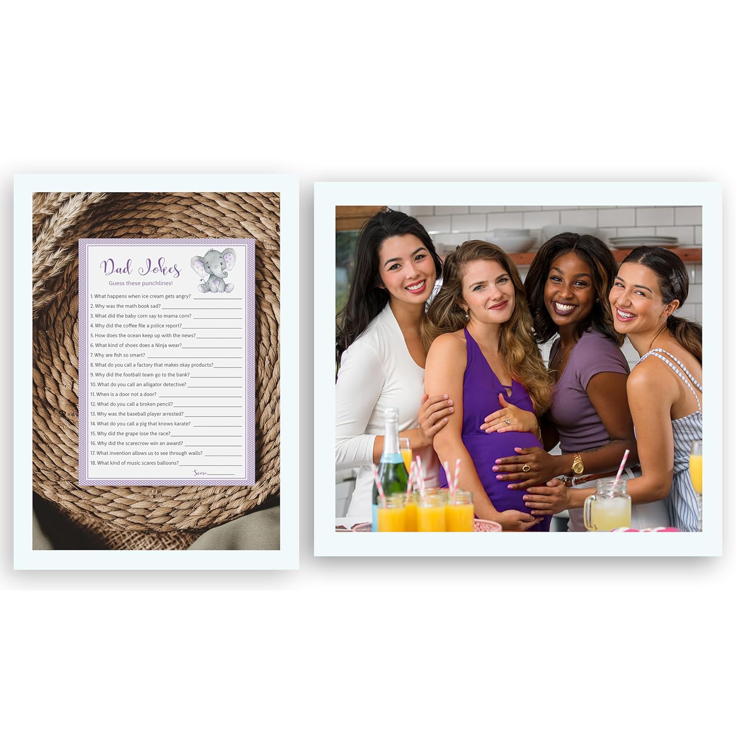Baby Elephant Baby Shower Game — Dad Jokes Baby Shower Games — Pack Of 25 — Fun Dad Joke Game, Funny Daddy Joke Trivia, Purple Gender Neutral Baby Sprinkle, Sip See, Birthday, Shower Activity G503-Djk