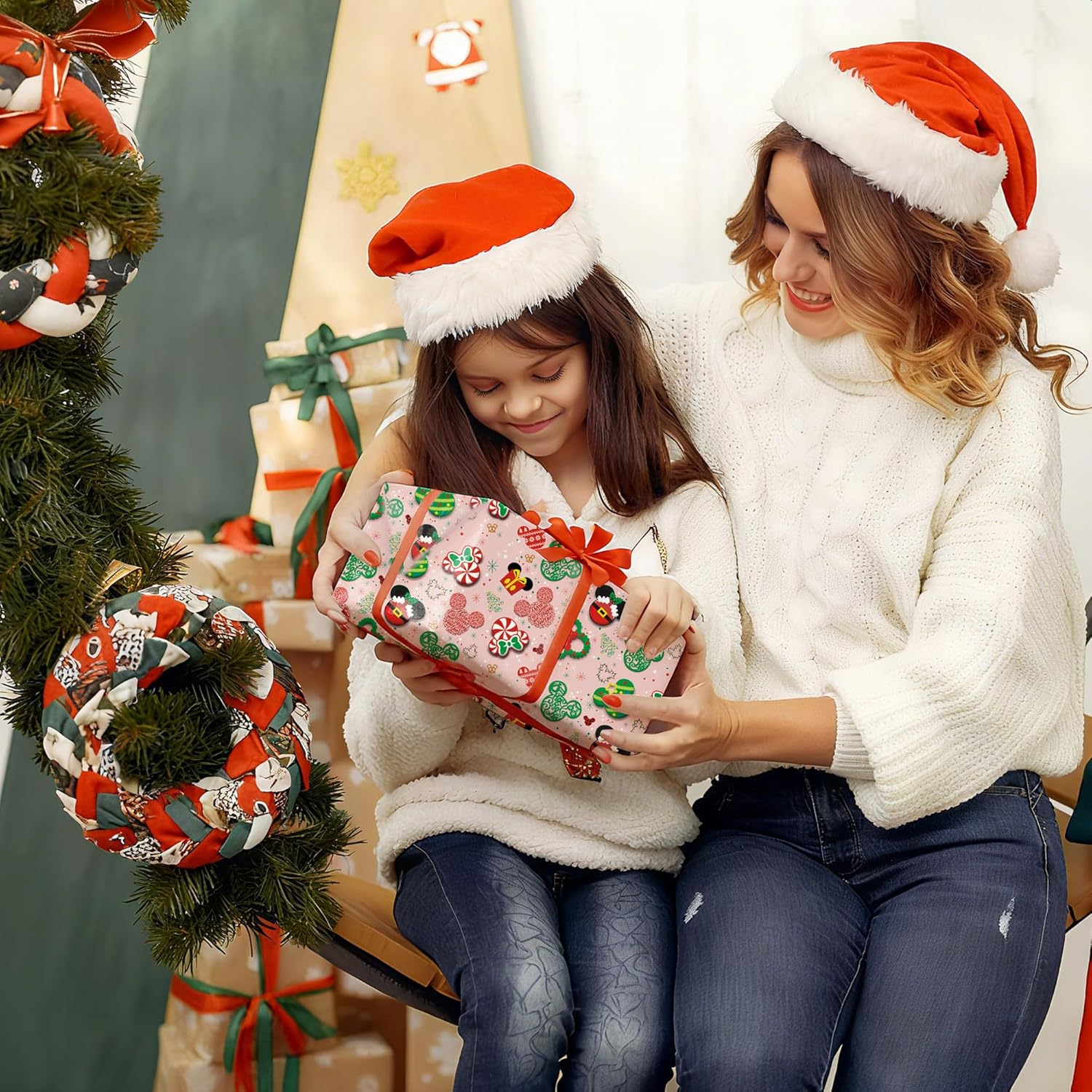 Mouse Christmas Wrapping Paper For Kids- Funny Pink Xmas Gift Wrap Red Candy Green Trees For Family Holiday Party - 4 Jumbo Sheets, 40 X 28 Inches Each
