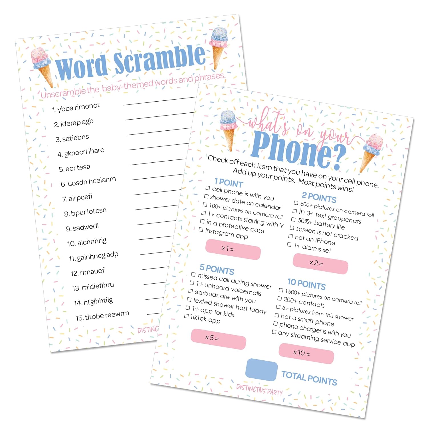What'S The Scoop Gender Reveal Party 2 Game Bundle - What'S On Your Phone And Word Scramble - 20 Dual Sided Cards, Here'S The Scoop Ice Cream Baby Shower