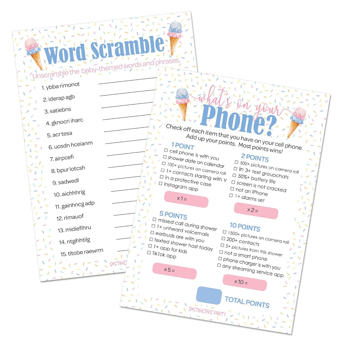 What'S The Scoop Gender Reveal Party 2 Game Bundle - What'S On Your Phone And Word Scramble - 20 Dual Sided Cards, Here'S The Scoop Ice Cream Baby Shower