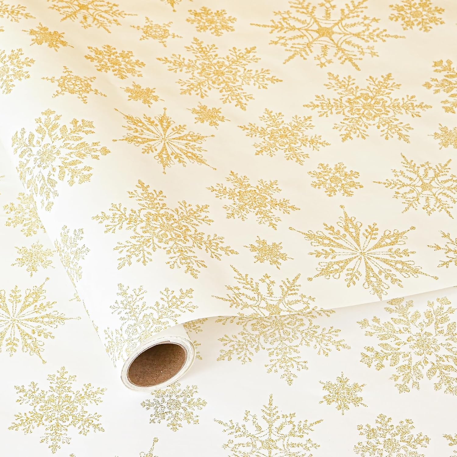 Gold Christmas Wrapping Paper Roll - White Gold Xmas Snowflake Design For Holiday Winter Parties(Gold Snowflake, 17 Inches X 16.5 Feet)