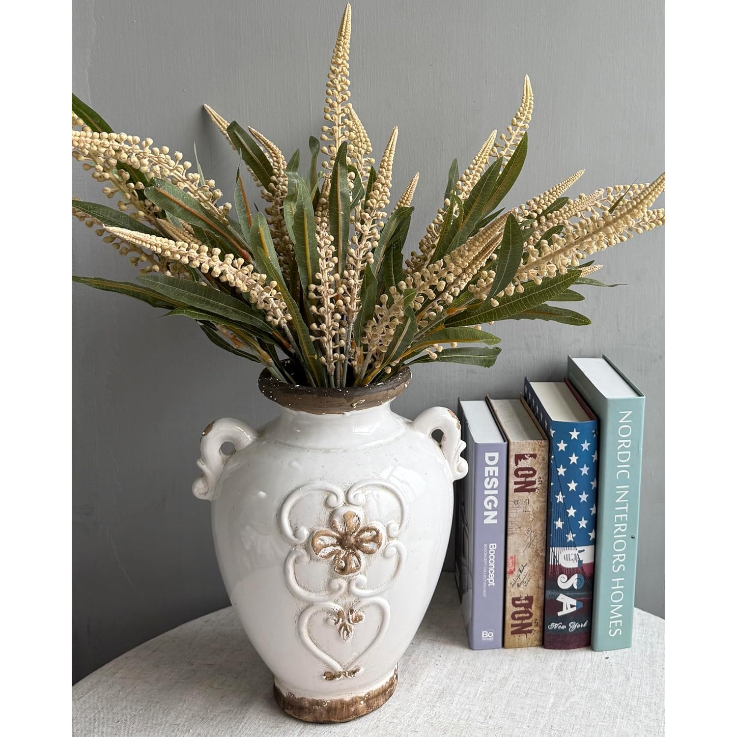3Pcs Artificial Banksia Flower Spray With Green Leaves Realistic Silk Floral Arrangement For Wedding Bouquets Home Decor (Beige)