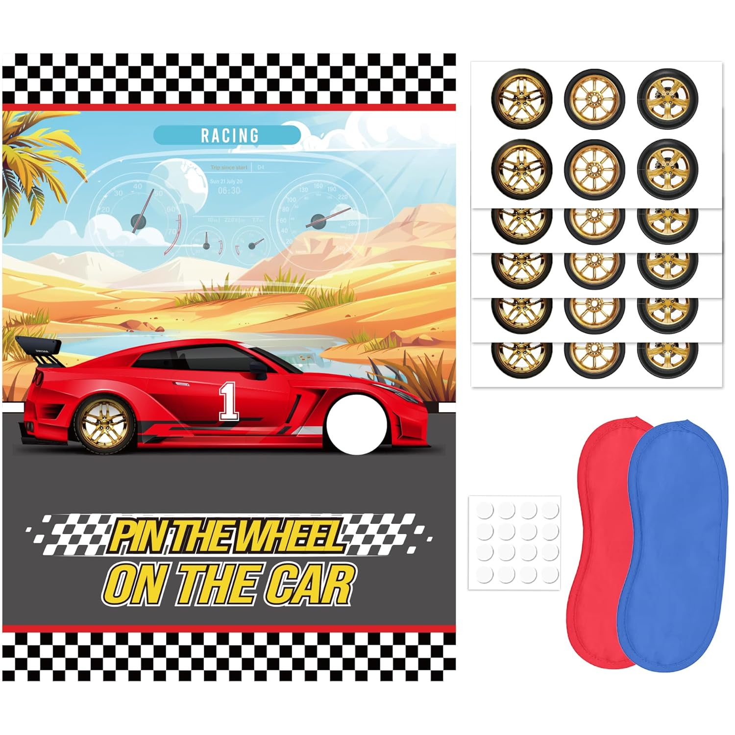 Pin The Wheels On The Car Games, Cars Party Game With 30 Gold Tyres Stickers, 2 Blindfolds For Car Theme Birthday Party