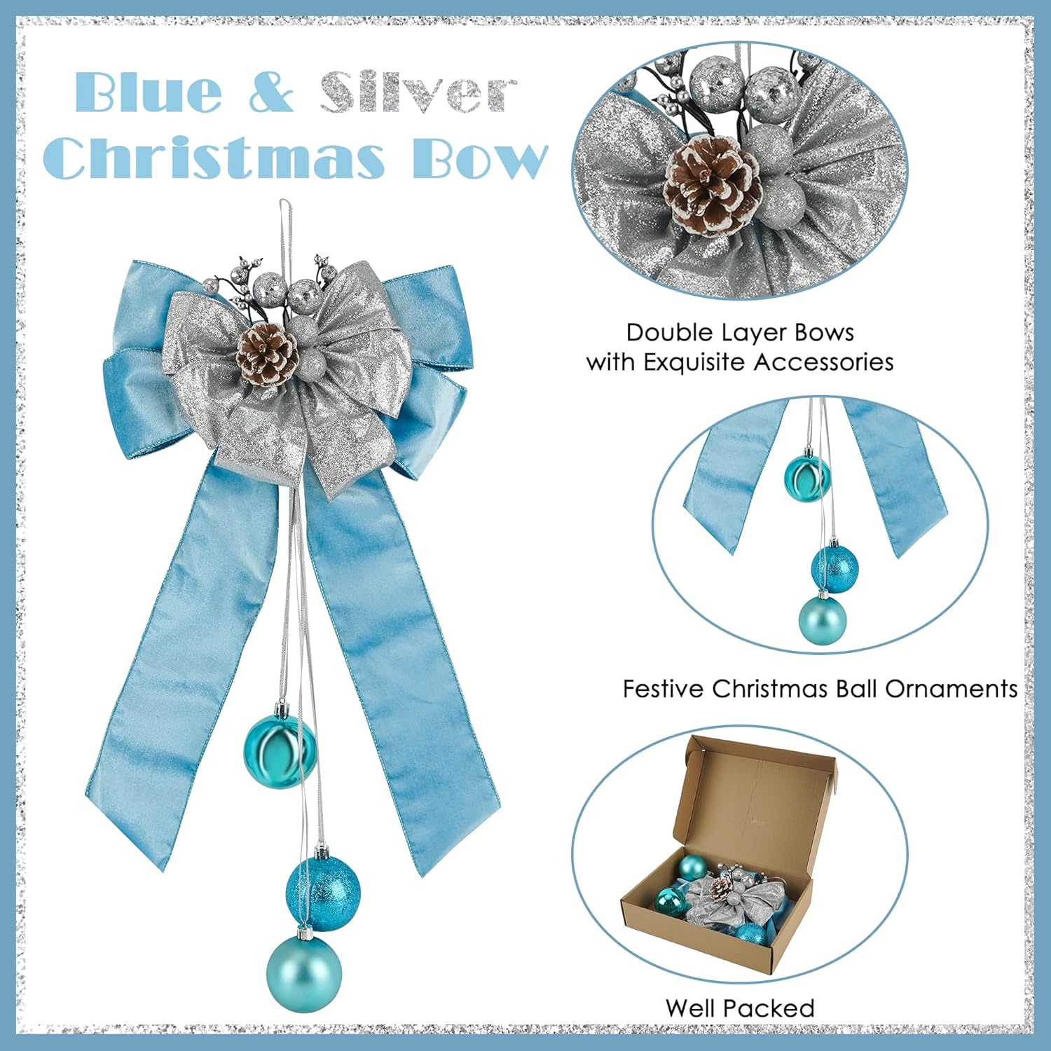 Blue Christmas Tree Topper Bows, 11 X 16 Inches Blue Bows For Christmas Tree Decorations Velvet Ribbon Bows With Baubles For Wreath, Door, Cabinet, Staircase, 1 Pc