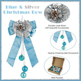 Blue Christmas Tree Topper Bows, 11 X 16 Inches Blue Bows For Christmas Tree Decorations Velvet Ribbon Bows With Baubles For Wreath, Door, Cabinet, Staircase, 1 Pc