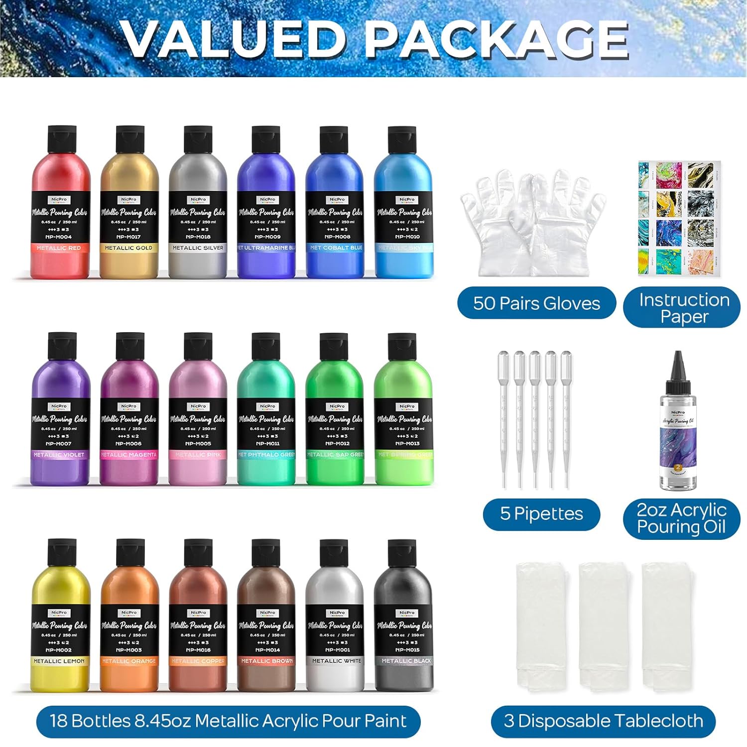 18 Colors 8.45Oz Metallic Acrylic Pour Paint Supplies Kit, Large Volume Ready To Pour Premixed High Flow Pouring Paint Set With Silicone Pouring Oil, Gloves, Instructions For Beginner Diy