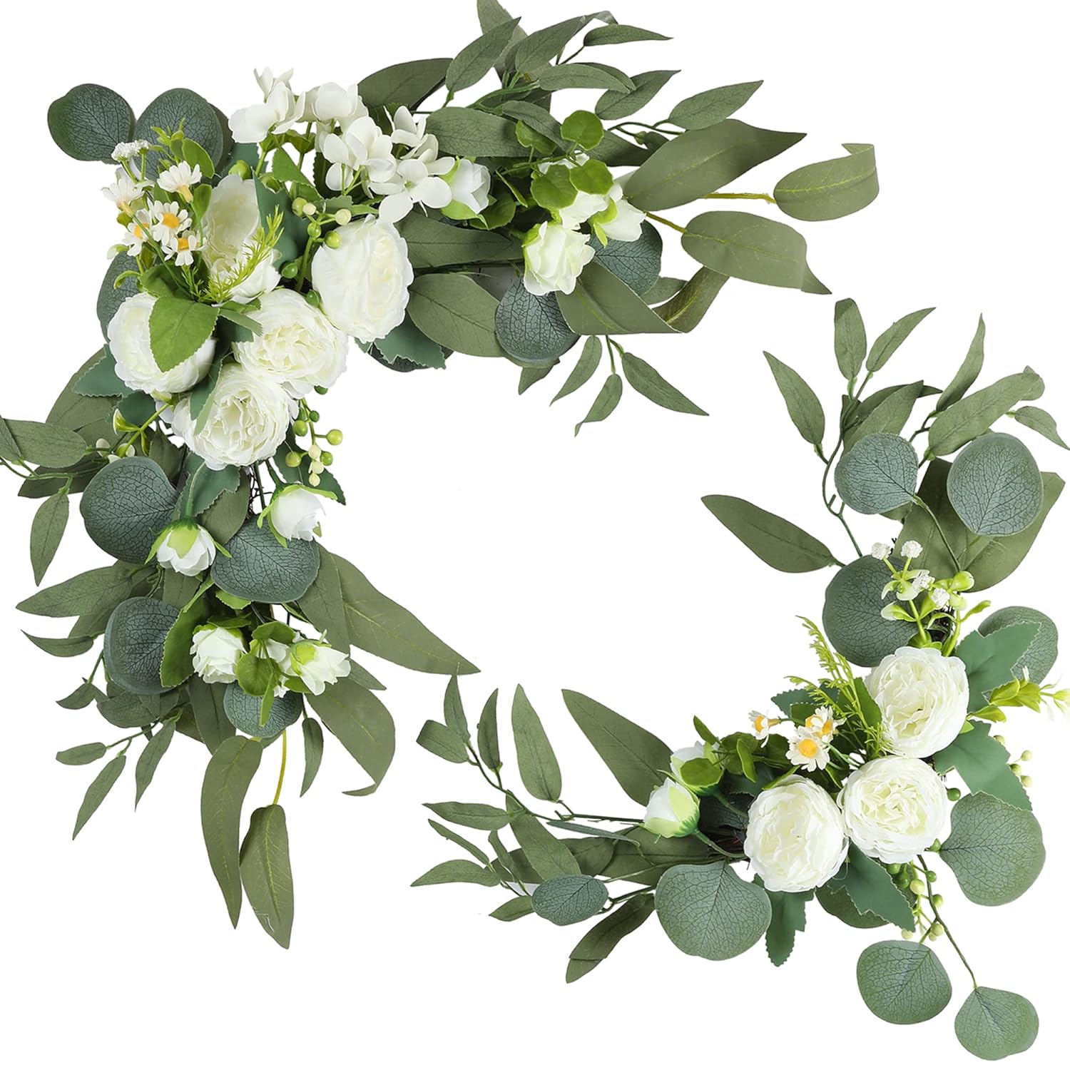 2Pcs Artificial Wedding Arch Flowers For Wedding Sign, Floral Swag Dusty Decor For Reception Ceremony Backdrop(Willow Leaves-Peony-White)