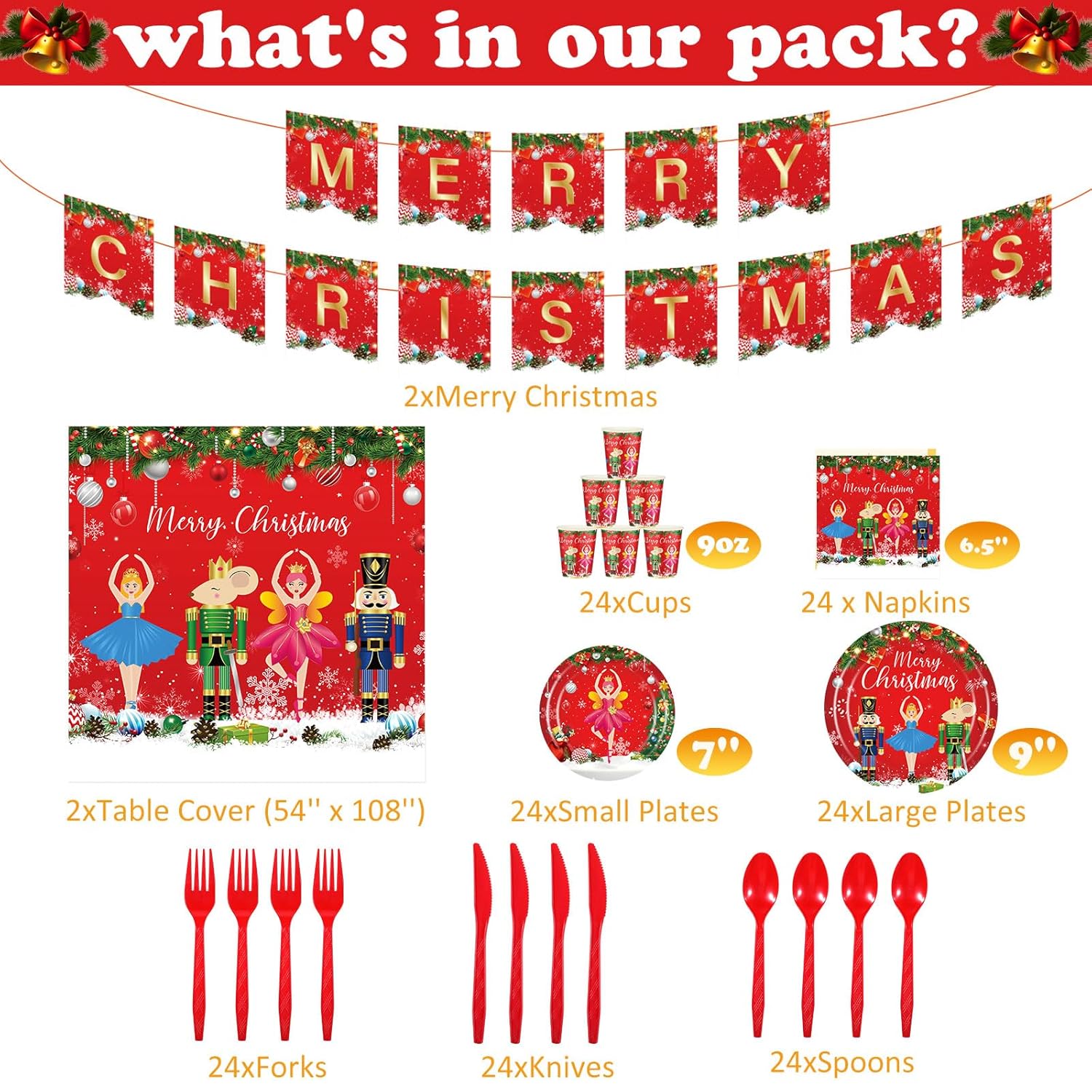 172 Pcs Nutcracker Party Supplies - Merry Christmas Banner, Tablecloth, Disposable Tableware, Napkins For Xmas Theme Holiday Party - Serves 24