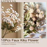 10Pcs Faux Kiku Flowers, Fake Pom Pom Mini Chrysanthemum Flowers+ White Mums Flower Faux Fall Floral For Autumn Wedding Kitchen Table Centerpiece Home Decor, Beige