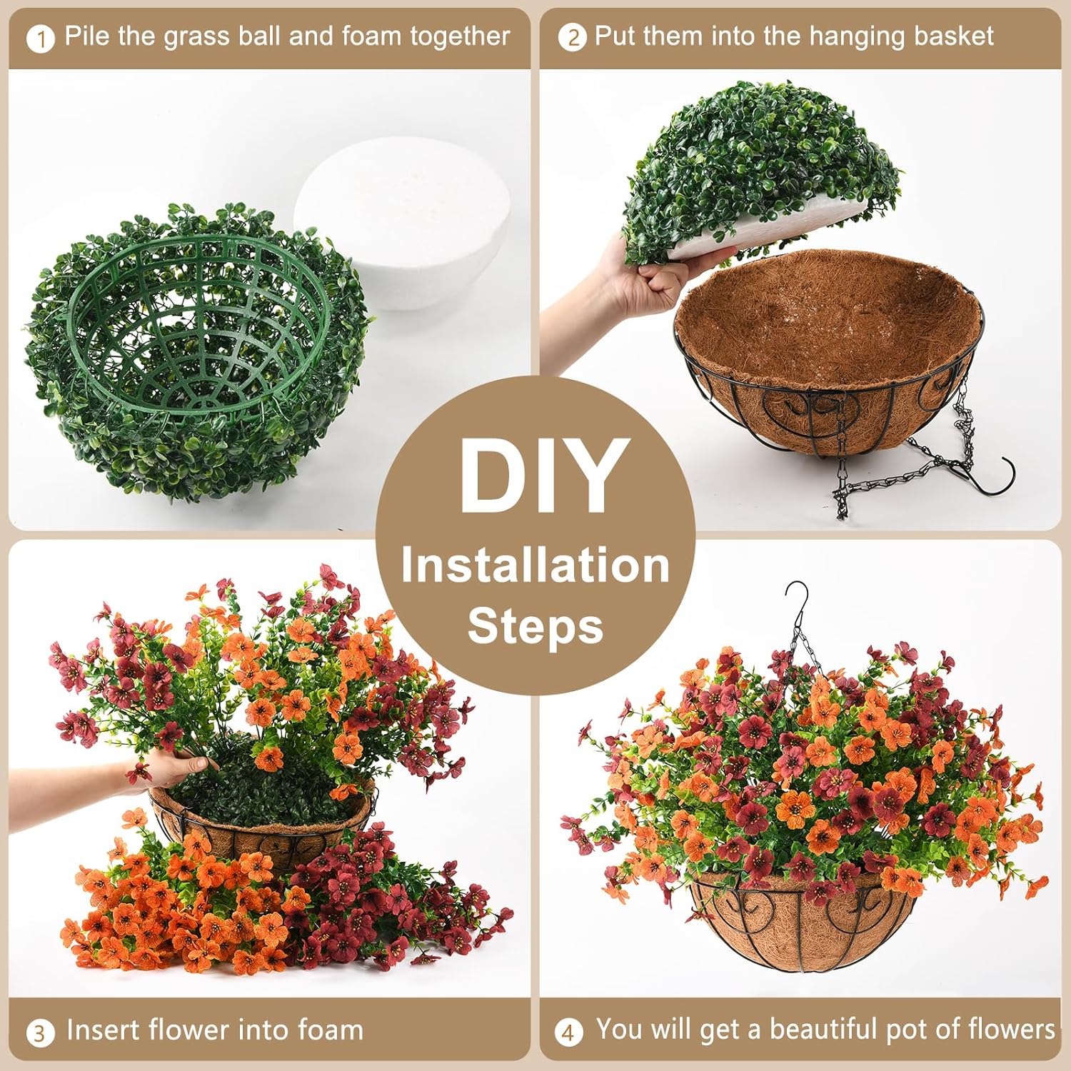 Artificial Fake Hanging Plants Flowers Basket, Faux Silk Daisy In Planter Realistic Uv Resistant For Outside Home Patio Balcony Yard Mums Autumn Outdoor Decoration (Orange Brown)