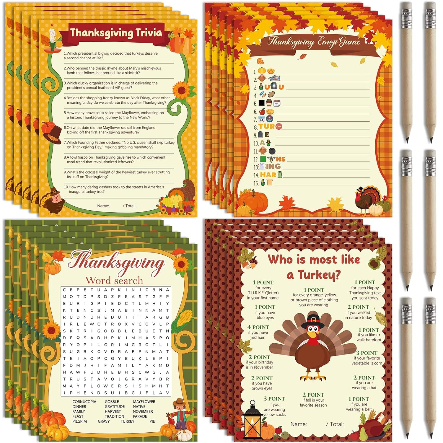131 Pcs Thanksgiving Party Games Set 25 Players Thanksgiving Trivia Word Search Who Is Most Like A Turkey Game Card With Pencils For Family Friend Group Activities Fall Harvest Party Supplies