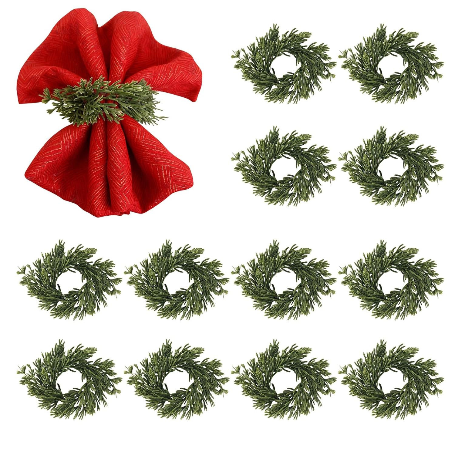 Christmas Napkin Rings Holder Set Of 12, Soft Pine Needles Mini Napkin Wreaths For Christmas New Year Dinner Party Table Decoration Family Gathering Banquet Serviette Buckles