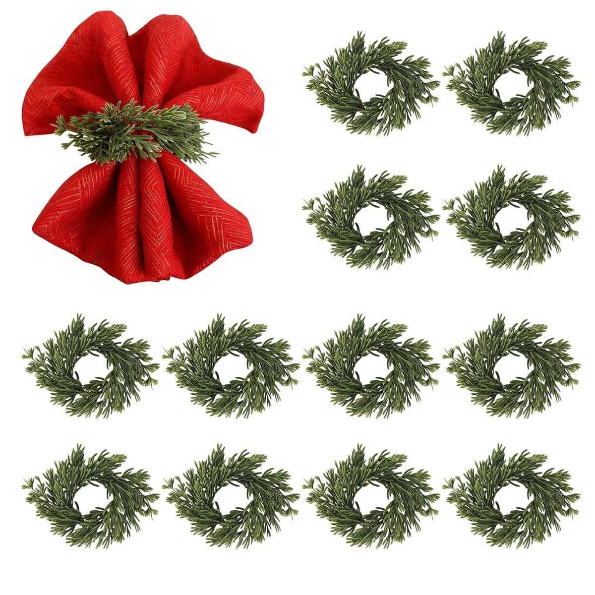 Christmas Napkin Rings Holder Set Of 12, Soft Pine Needles Mini Napkin Wreaths For Christmas New Year Dinner Party Table Decoration Family Gathering Banquet Serviette Buckles