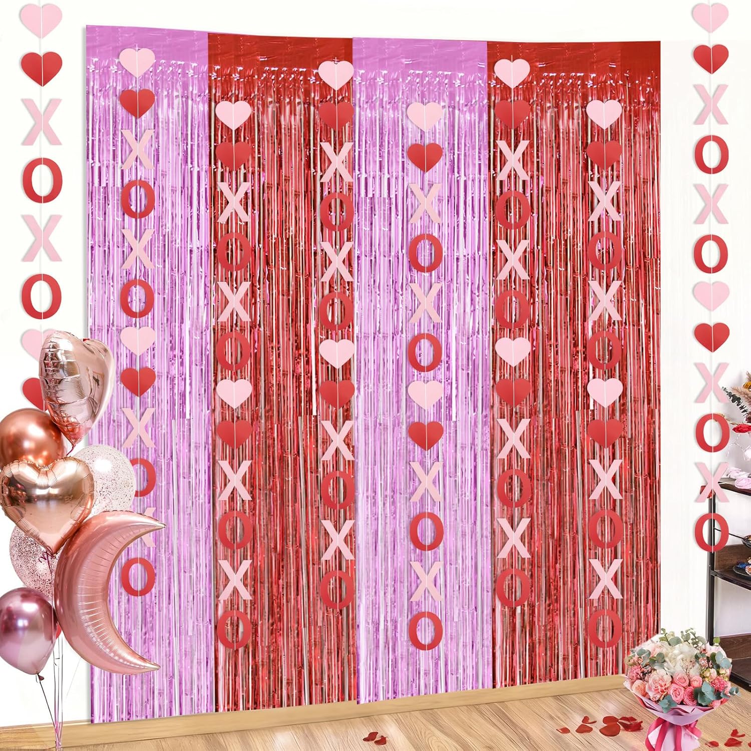 12 Pcs Valentines Day Decorations For Home, 8 Pcs Xoxo Garland Banner & 4 Pcs 3.3 X 6.6 Ft Tinsel Backdrop Fringe Curtains For Valentine'S Day