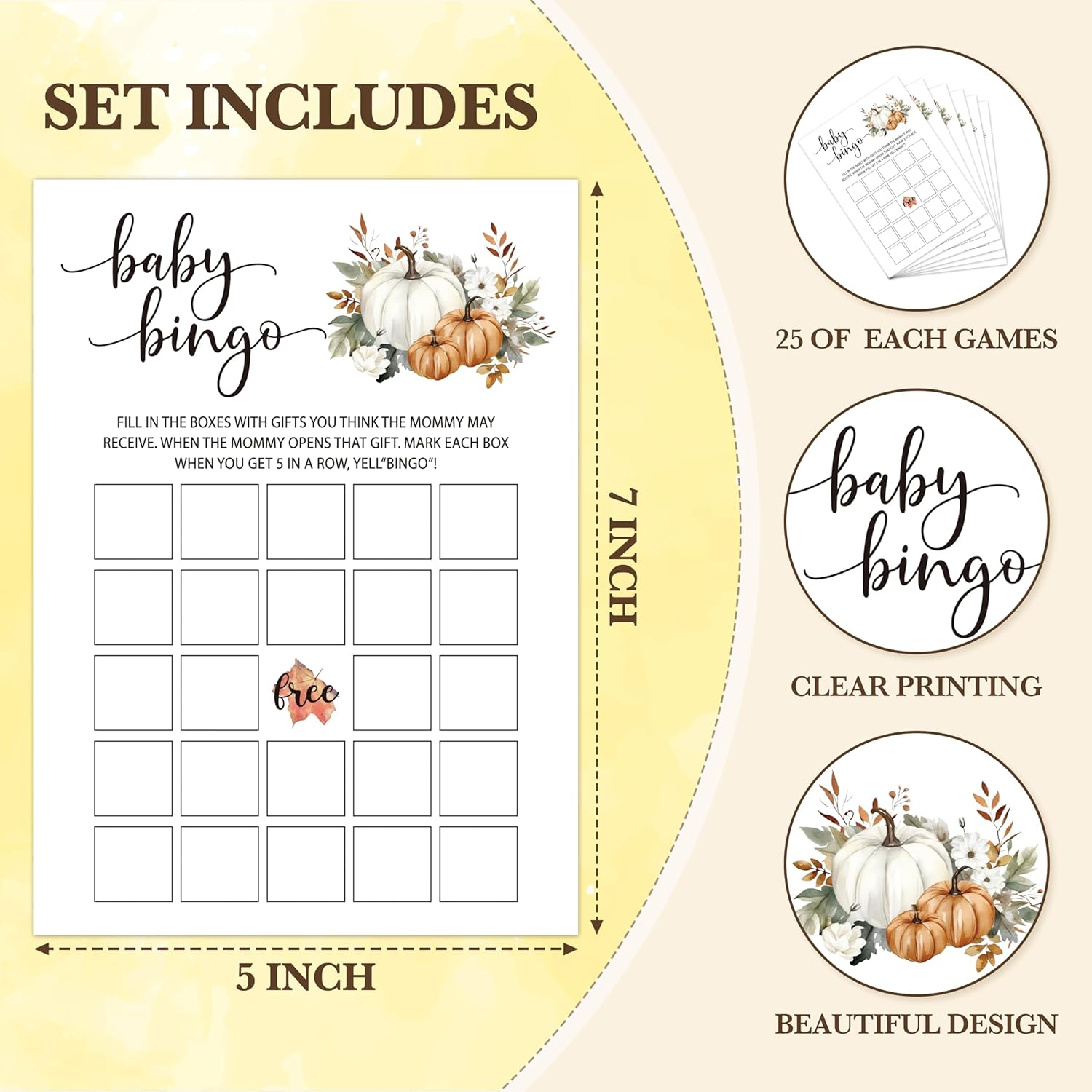 Fall Baby Shower Games, Baby Shower Bingo Themed Gender Reveal Party Game, Fall Festival Games Cards With Pumpkin Design, Boho Baby Shower Games, Thanksgiving Party Supplies -01
