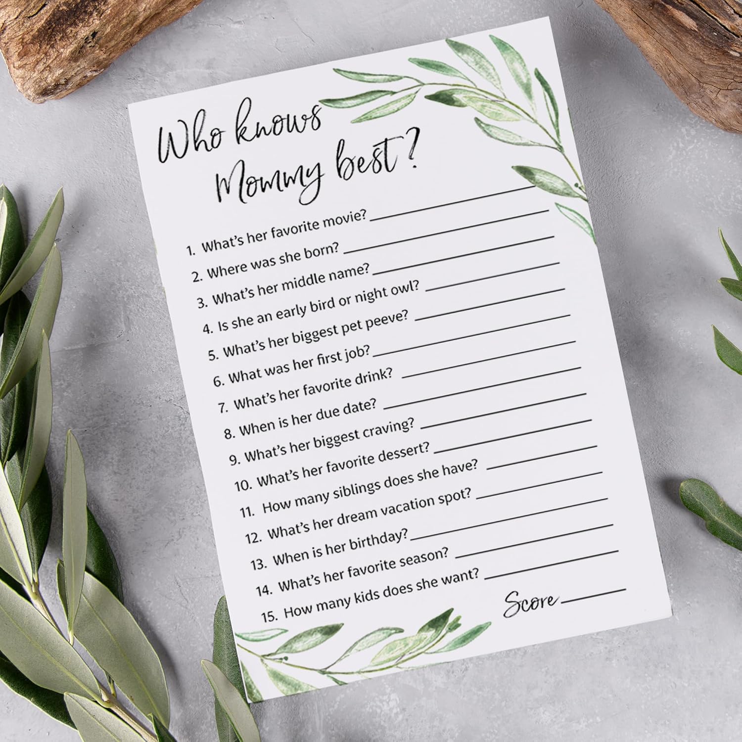 Greenery Baby Shower Games Who Knows Mommy Best - Pack Of 25 - Gender Neutral Baby Shower Game New Parent Couples Coed Reveal Fun Guessing Game Mom To-Be Green Olive Branch Shower Activity G320-Wkm