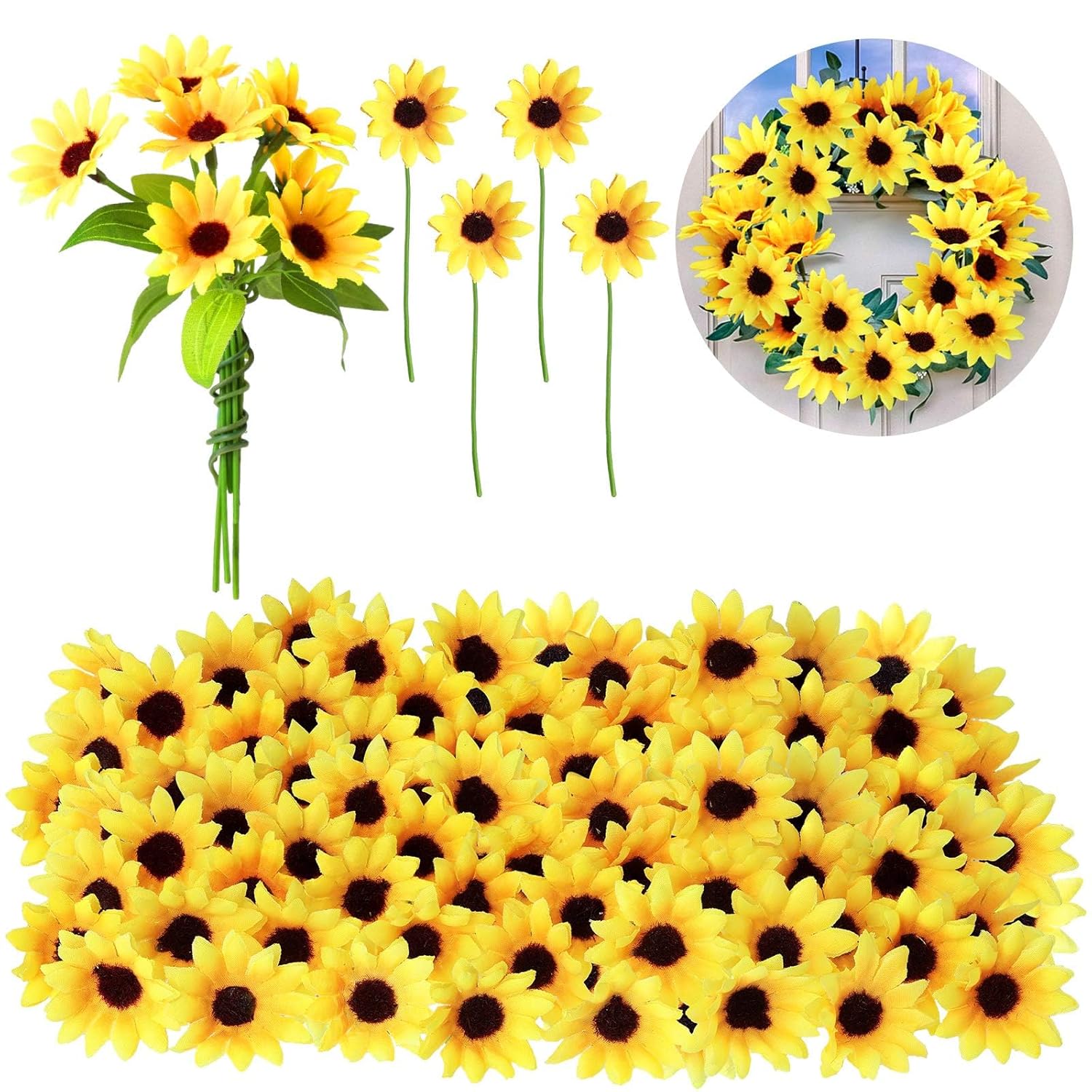 50 Pcs Mini Artificial Sunflower Heads With Iron Stems For Home Party Decoration Wedding Decor, Bride Holding Flowers Centerpieces Wreath Garden Diy Art Decor Crafts(1.57 Inch)